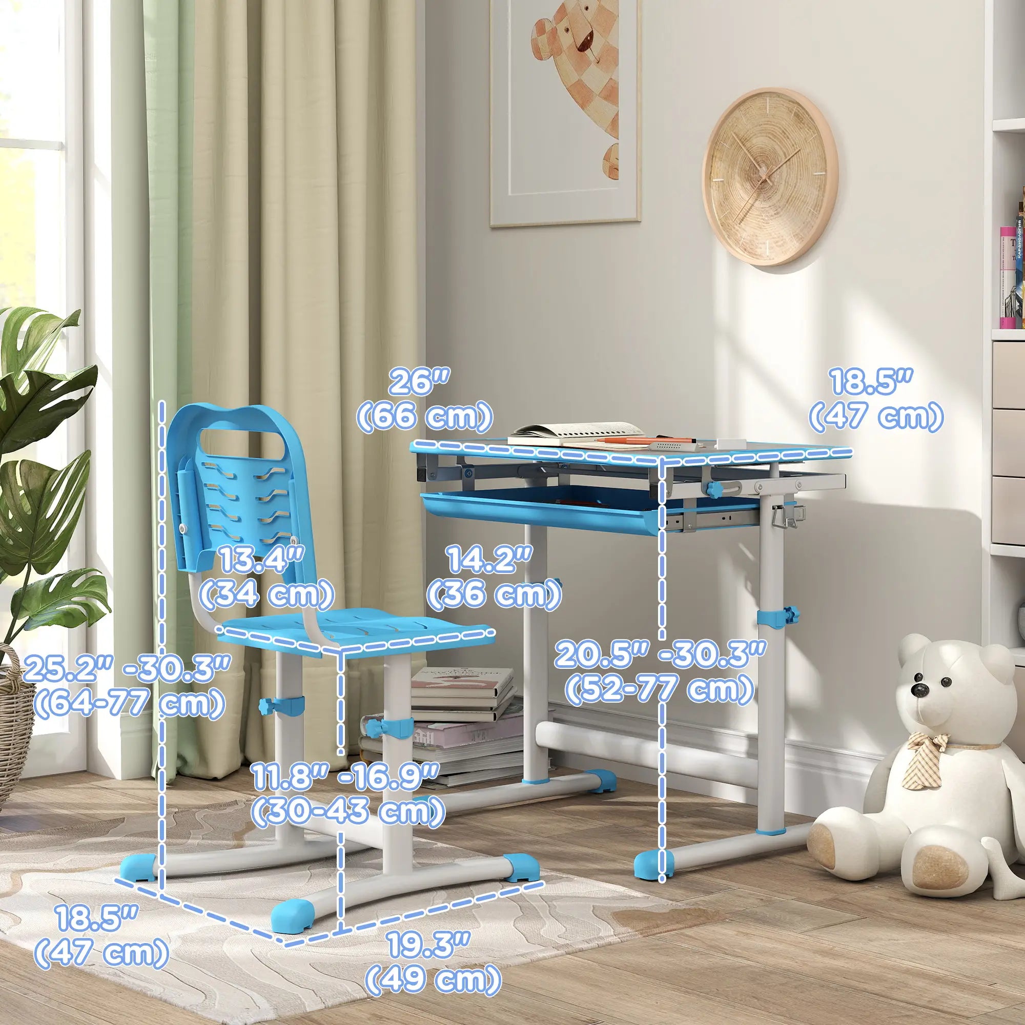 Adjustable Study Table, Chair Set with Drawer, Blue Kids Desk Sets at Gallery Canada