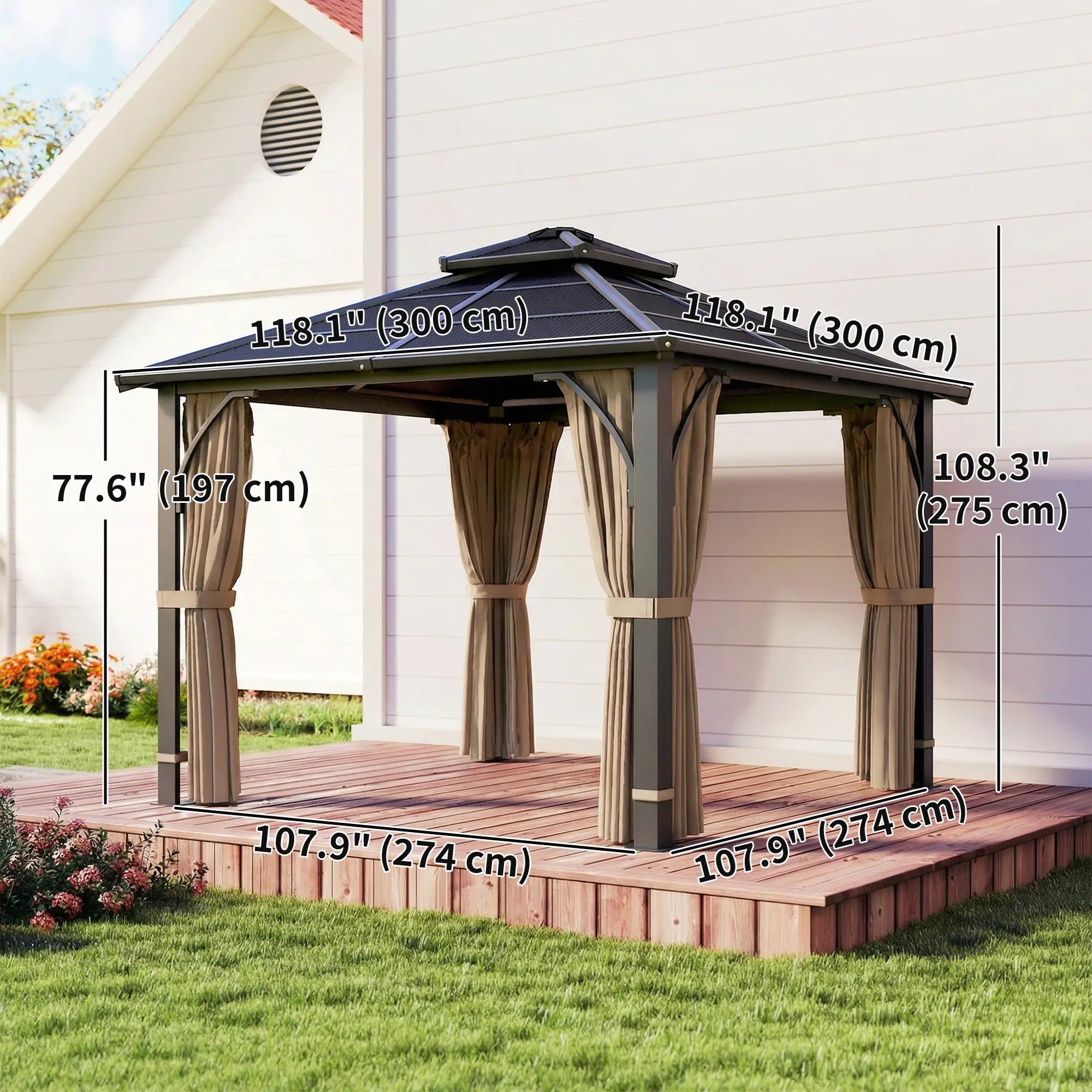 10' x 10' Hardtop Gazebo, 7mm Double Polycarbonate Roof, Netting And Curtains, Khaki Gazebos at Gallery Canada