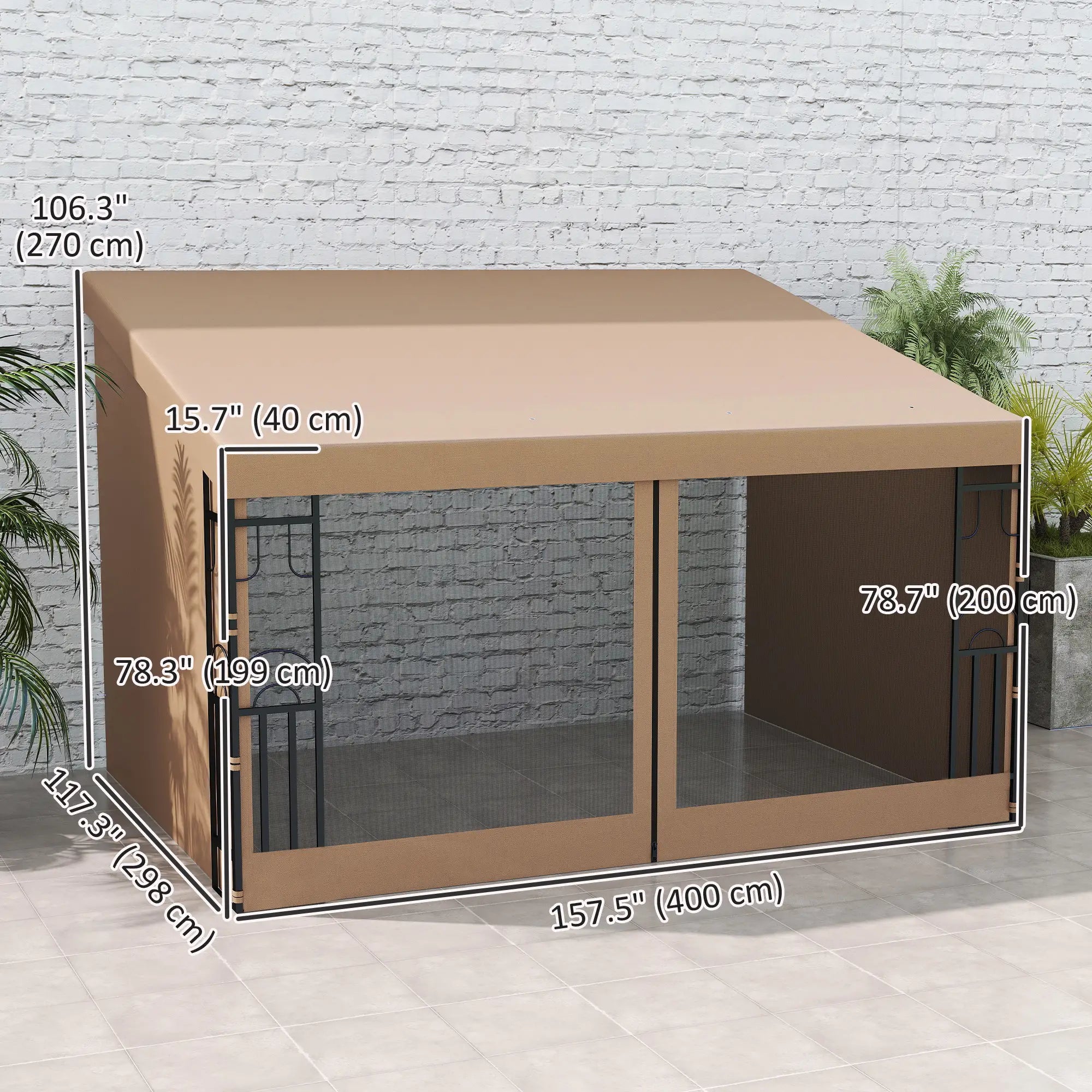 10' x 13' Wall Pergola, Outdoor Gazebo with Curtains, Nettings, Khaki Pergolas at Gallery Canada