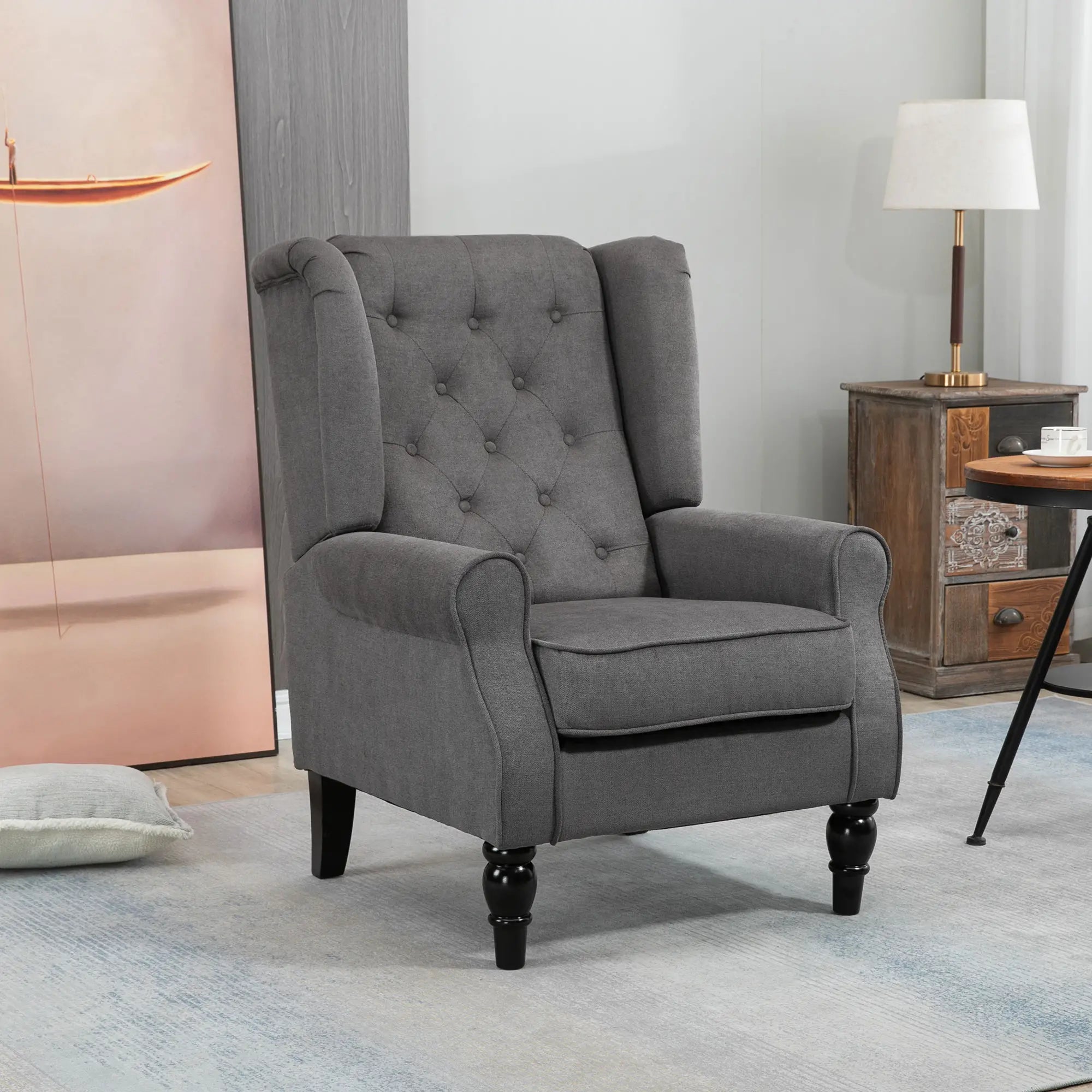 Fabric Accent Chair, Button Tufted, Wood Legs, Thick Padding, Charcoal Grey Accent Chairs at Gallery Canada