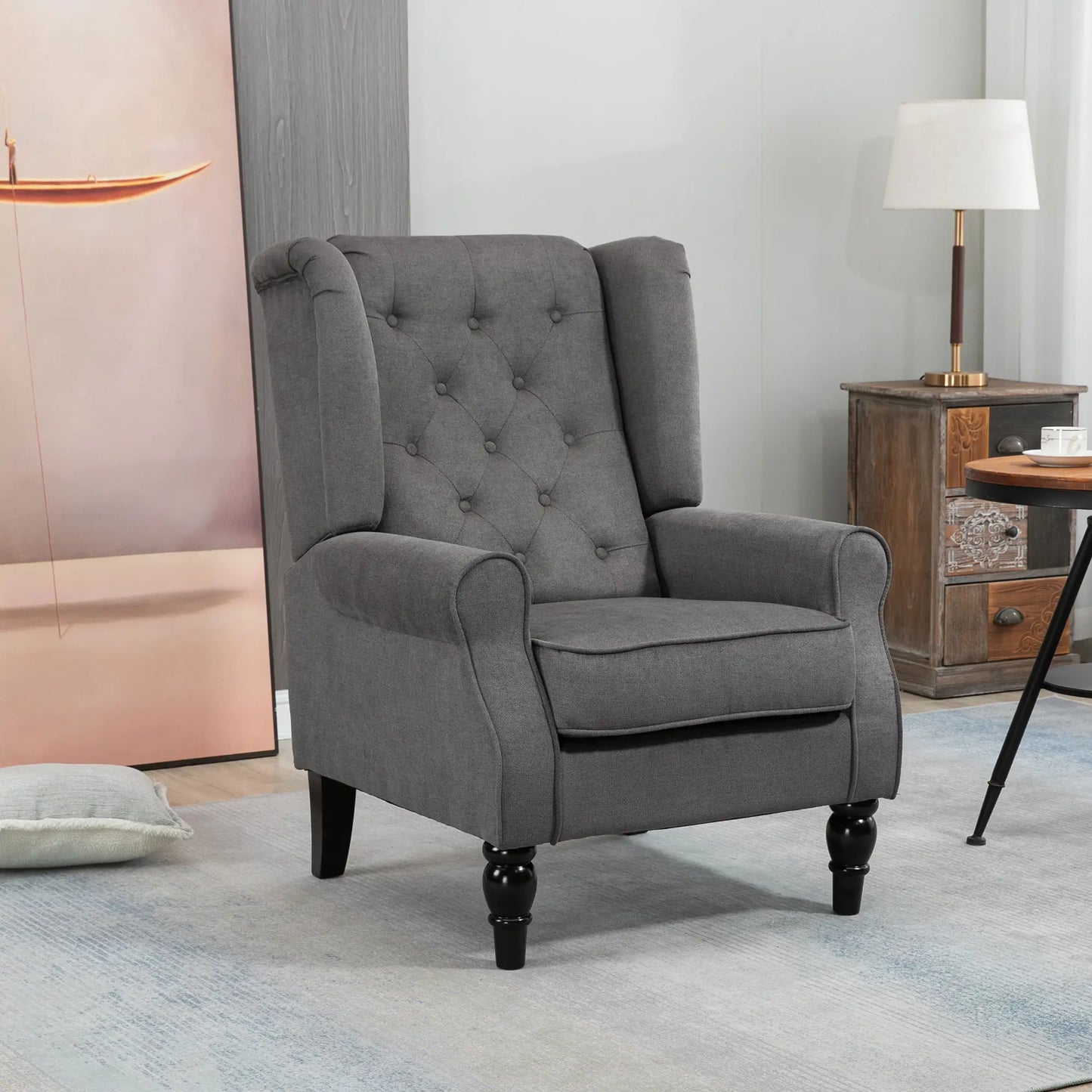 Fabric Accent Chair, Button Tufted, Wood Legs, Thick Padding, Charcoal Grey Accent Chairs at Gallery Canada
