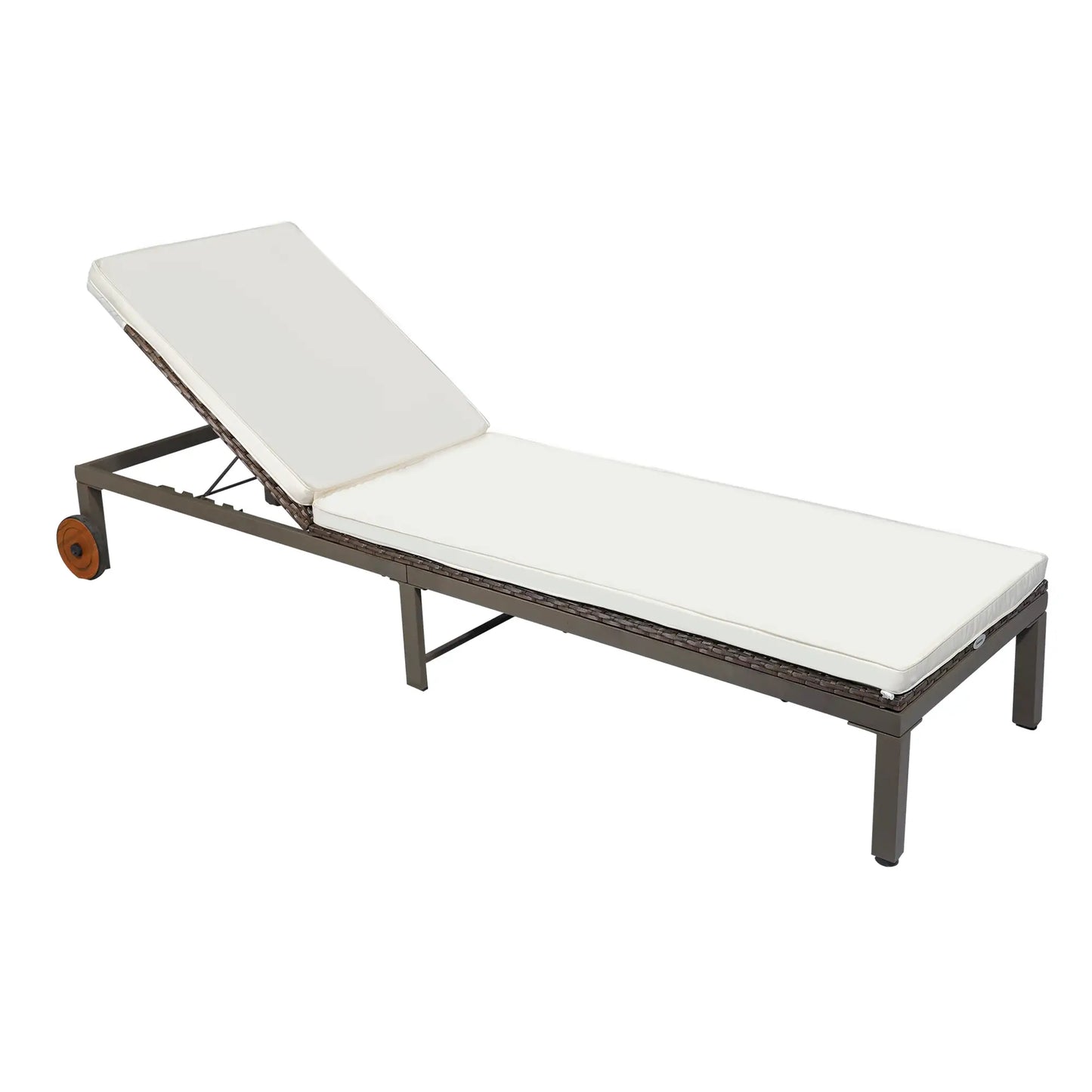 Rattan Sun Lounger, 4-Level Adjustable Backrest, Wheels, Cushion, Cream White Chaise Loungers Brown Wicker, Cream White Fabric at Gallery Canada