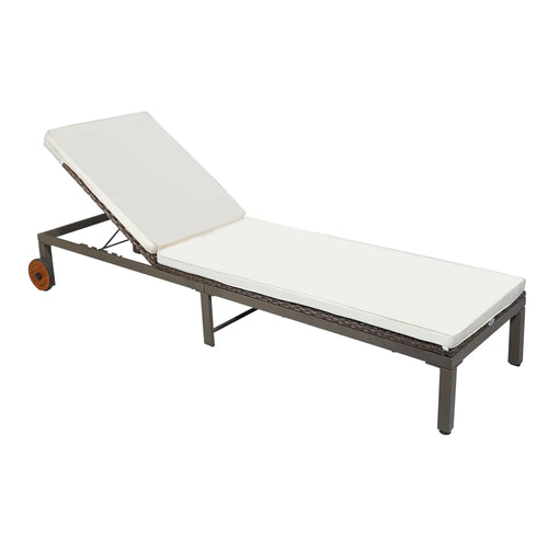 Rattan Sun Lounger, 4-Level Adjustable Backrest, Wheels, Cushion, Cream White