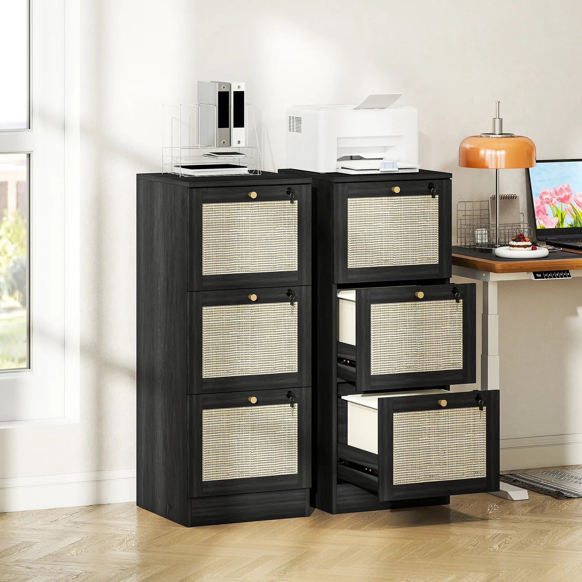 3 Drawer Filing Cabinet with Lock, Boho Style, A4 Letter Size, Black Office Cabinets & Cupboards at Gallery Canada
