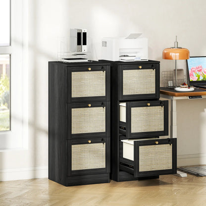 3 Drawer Filing Cabinet with Lock, Boho Style, A4 Letter Size, Black Office Cabinets & Cupboards at Gallery Canada