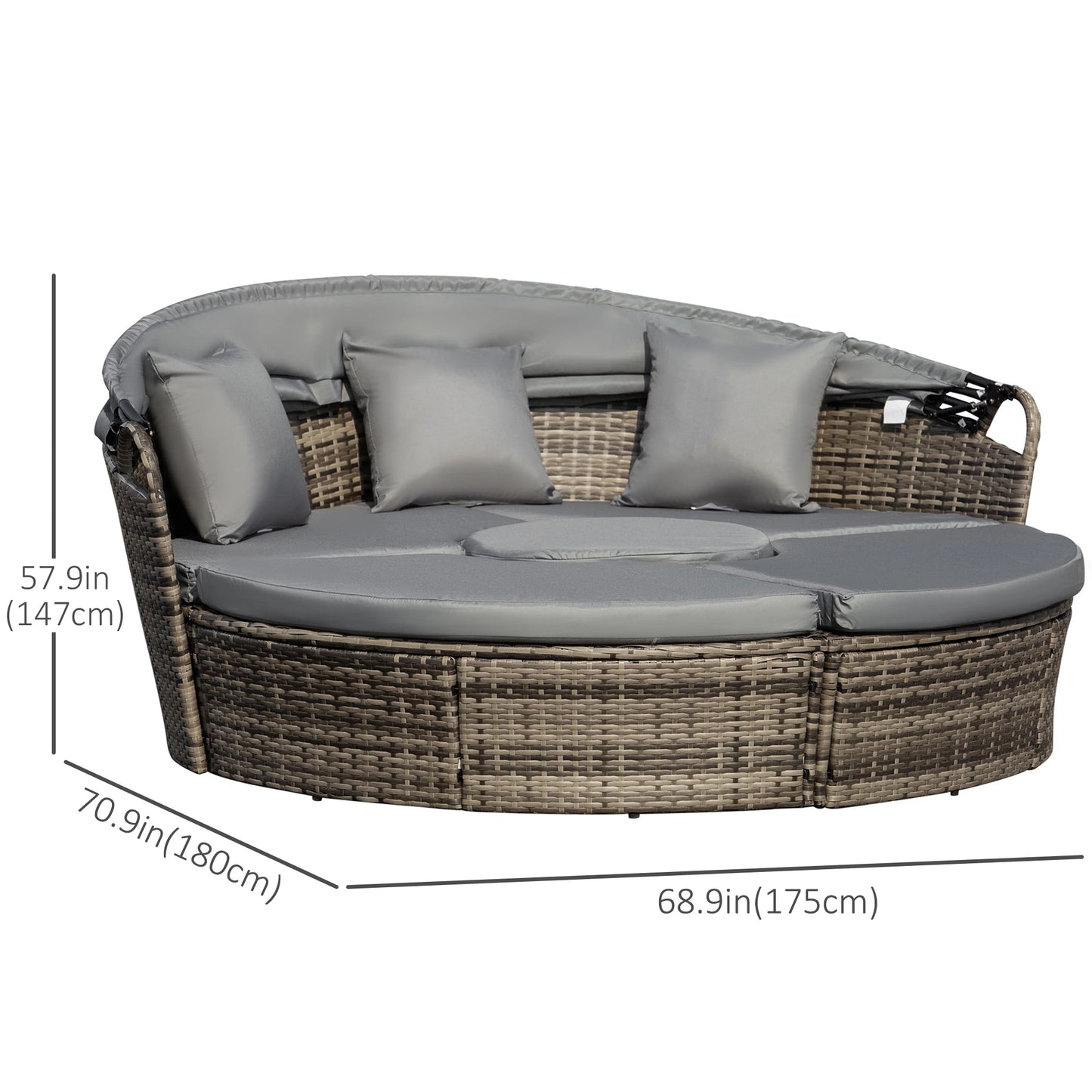 Outdoor Daybed with Canopy, PE Rattan Round Sofa, Patio Set with Cushions, Grey Daybeds at Gallery Canada