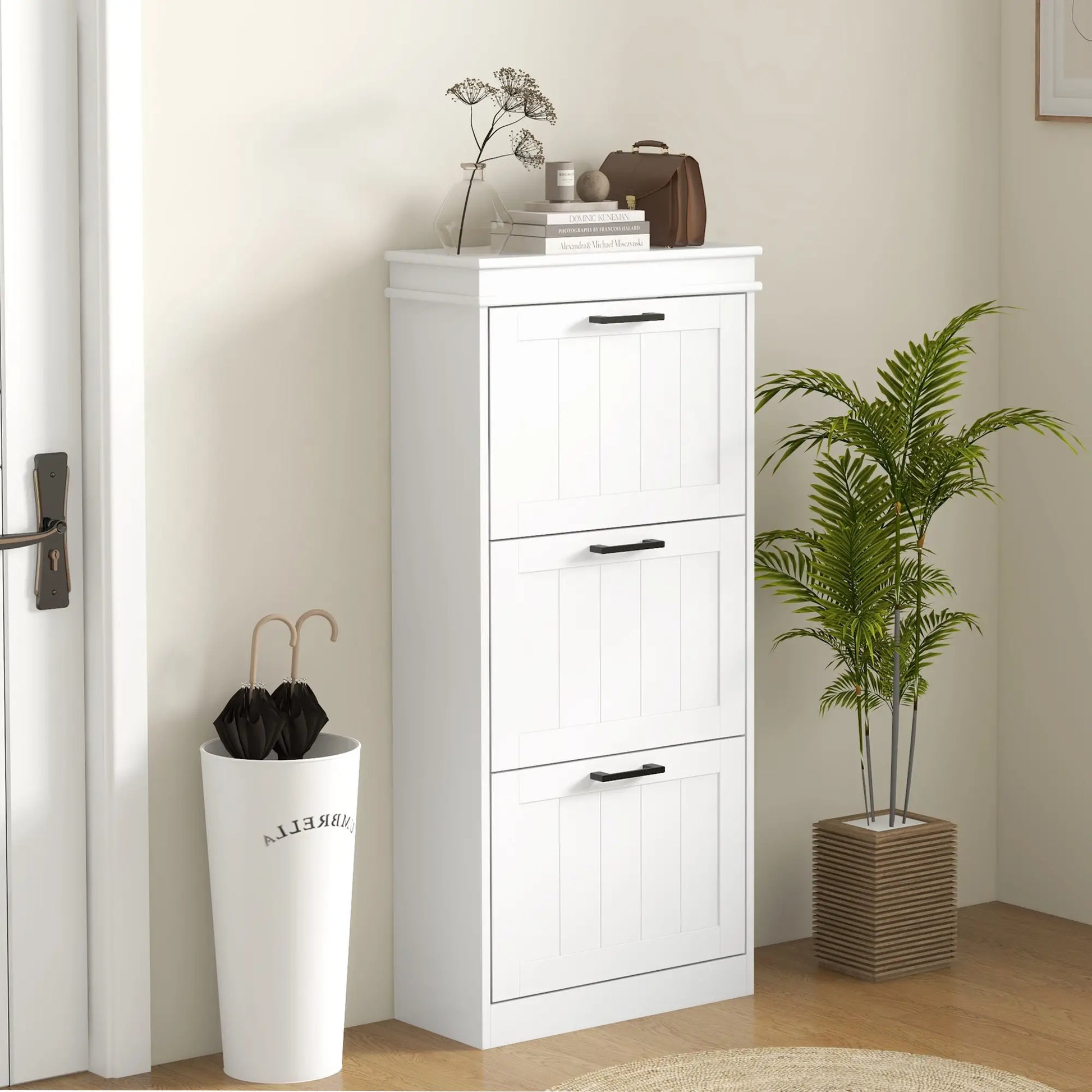 Slim Shoe Cabinet, 3 Flip Drawers, Adjustable Shelves, 15 Pairs, White Shoe Storage Cabinets & Racks at Gallery Canada