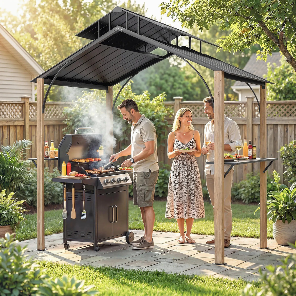 8 x 6ft Hardtop Grill Gazebo, Metal Double Roof, Wood-Grain Aluminum Frame BBQ Grill Gazebos at Gallery Canada