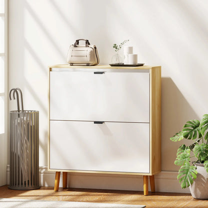 Narrow Shoe Cabinet, 2 Flip Drawers, Adjustable Shelves, Holds 16 Pairs, White Shoe Storage Cabinets & Racks at Gallery Canada