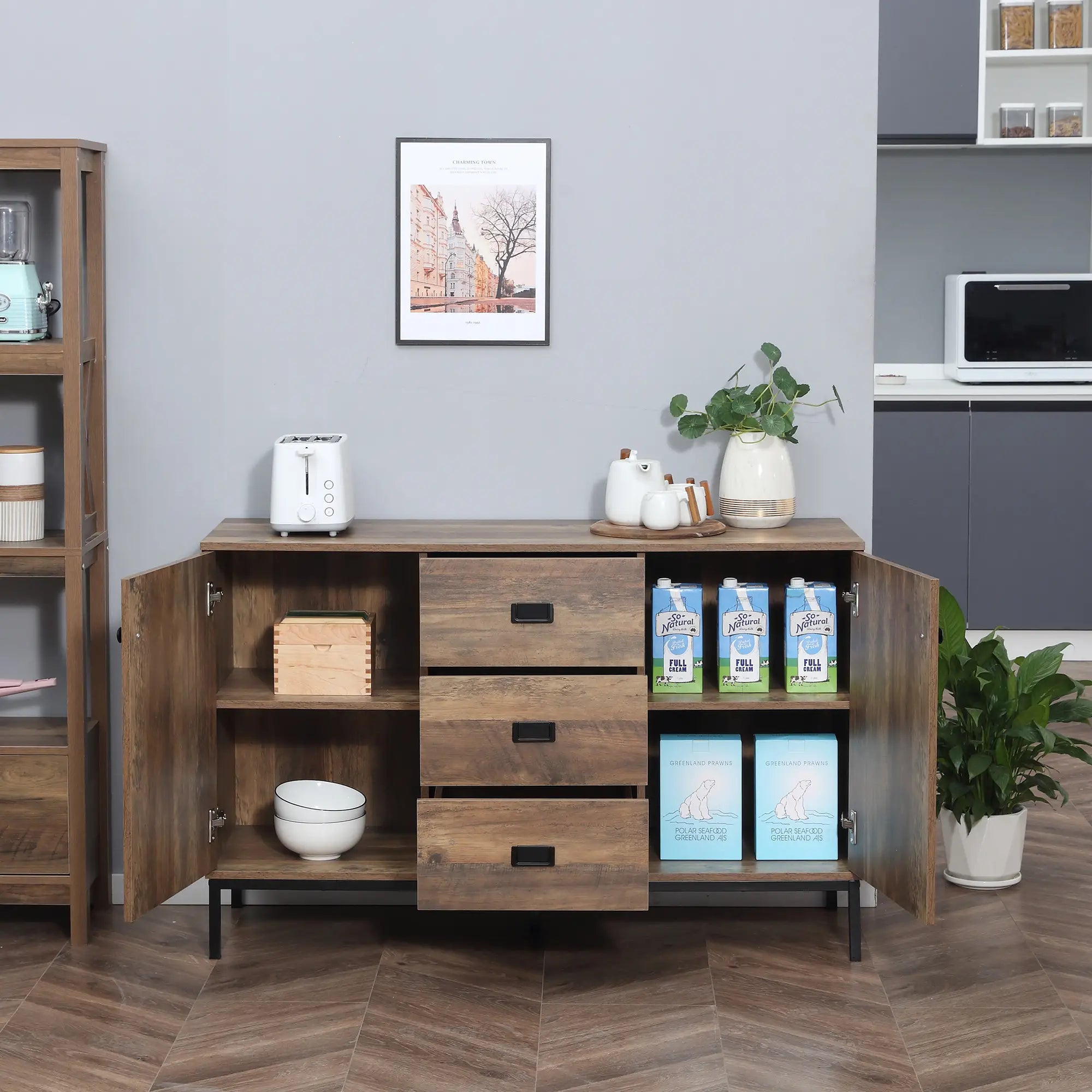 Industrial Sideboard Cabinet, 2 Doors, 3 Drawers, Shelves, Brown Bar Cabinets at Gallery Canada