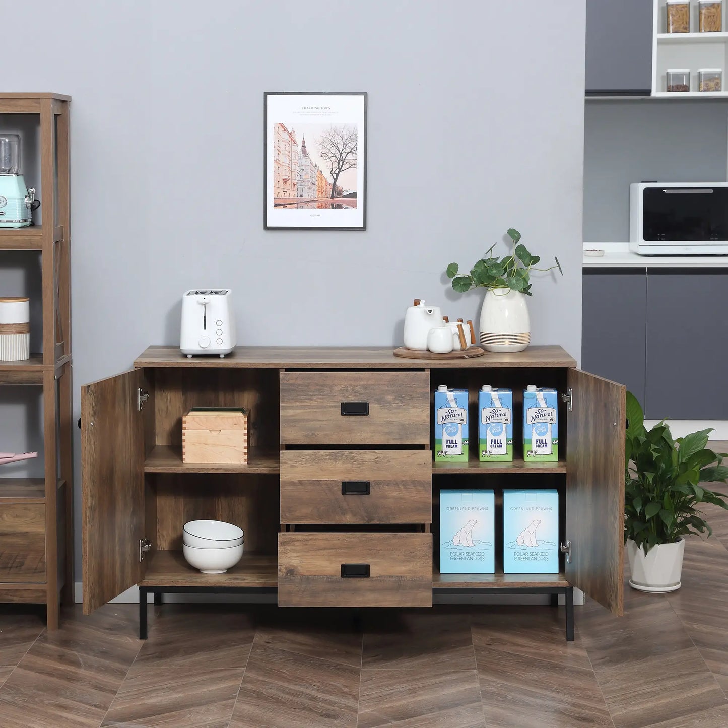 Industrial Sideboard Cabinet, 2 Doors, 3 Drawers, Shelves, Brown Bar Cabinets at Gallery Canada