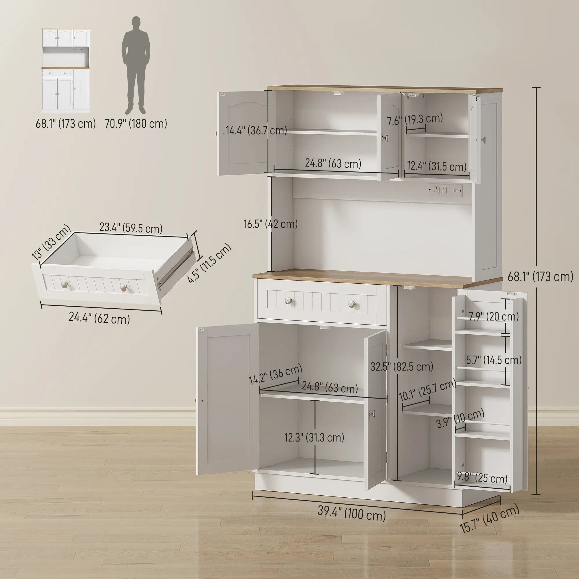 68 Inch Pantry Cabinet with Charging Station, Microwave Stand, 4 Door Racks, White Kitchen Pantry Cabinets at Gallery Canada
