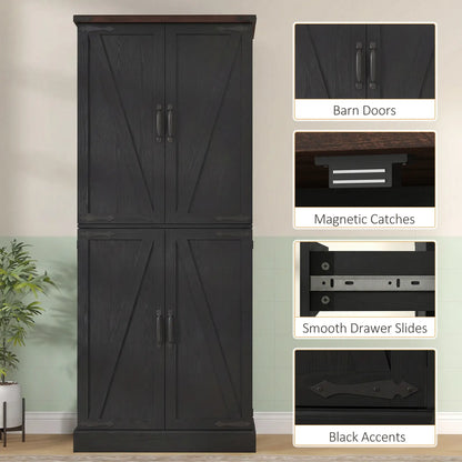 72" Tall Kitchen Pantry Cabinet, Farmhouse Storage Cabinet with 8 Door Racks and Adjustable Shelves, Black