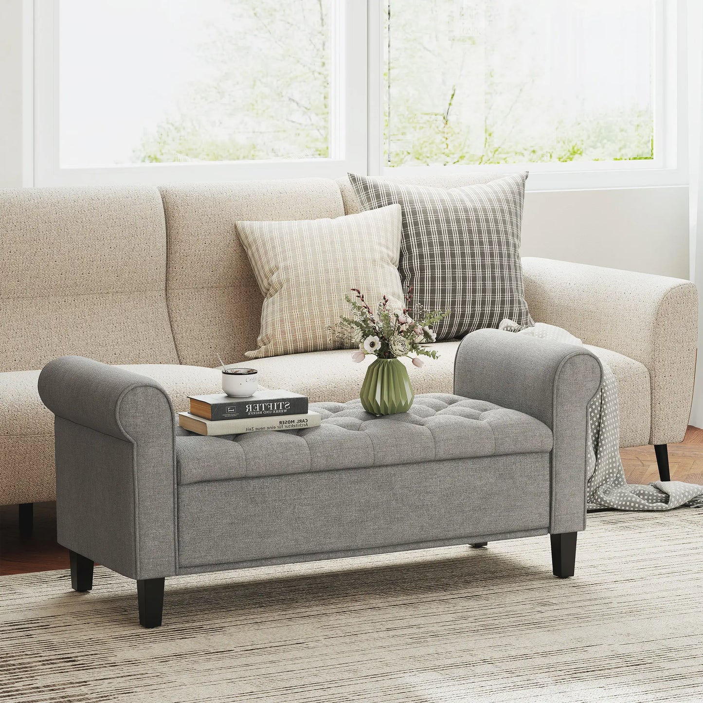 50 Inches Storage Ottoman, Light Grey, Upholstered Bench With Rolled Arms, Light Grey Storage Ottomans & Benches at Gallery Canada