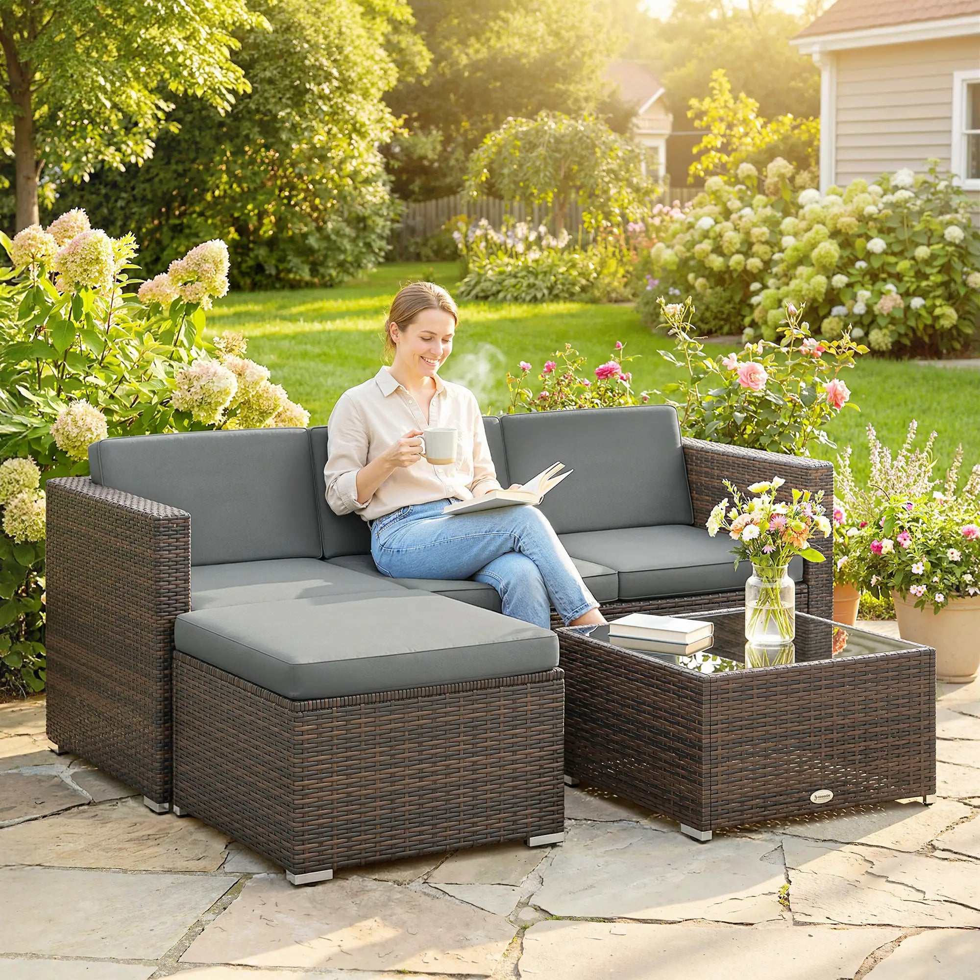 3-Piece Patio Furniture Set With Cushions, Outdoor Rattan Sofa With Glass Table Patio Furniture Sets at Gallery Canada