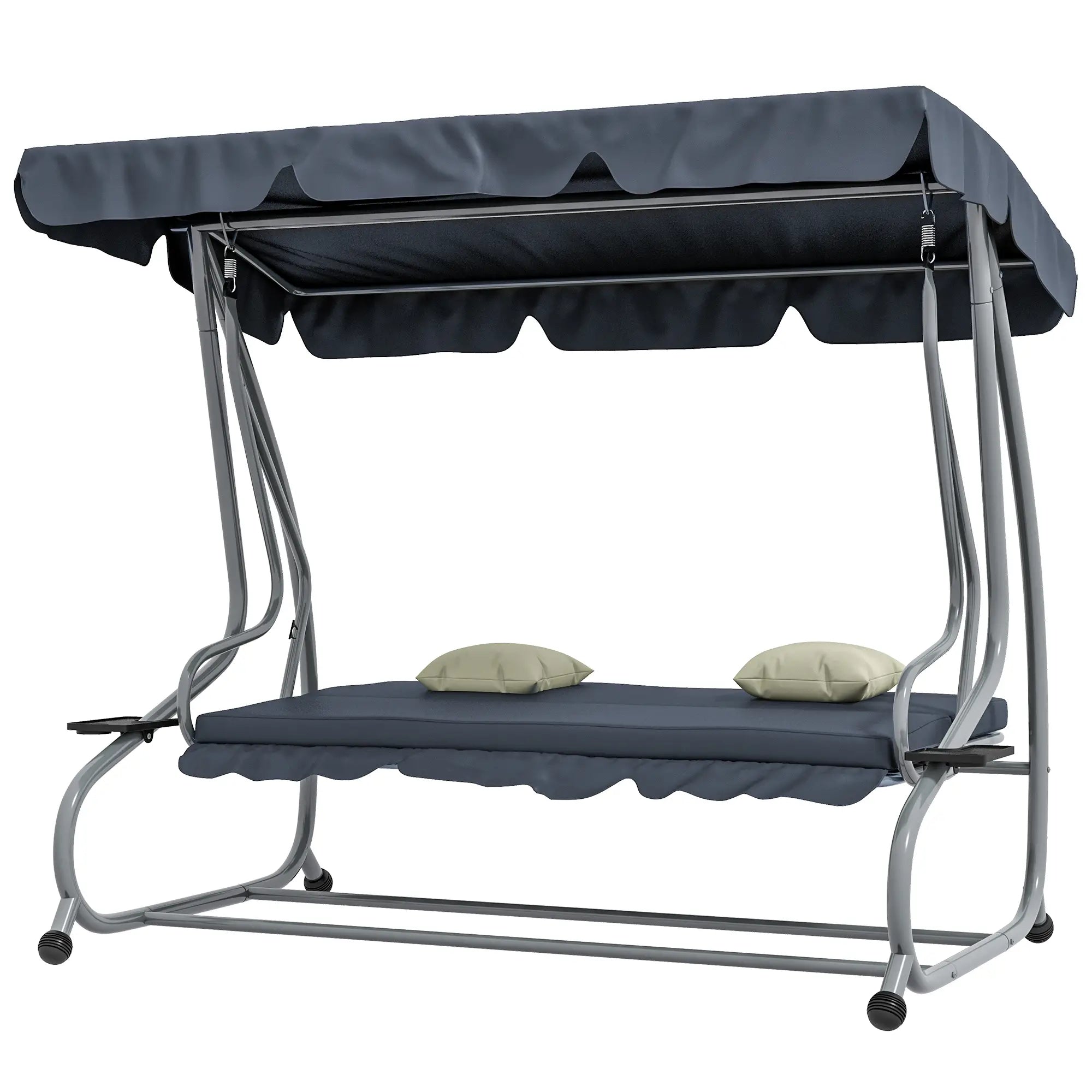 3-Seat Outdoor Swing Canopy Chair, Adjustable Shade, Cushions, Cup Holder, Dark Grey Patio Swings with Stand Dark Grey at Gallery Canada