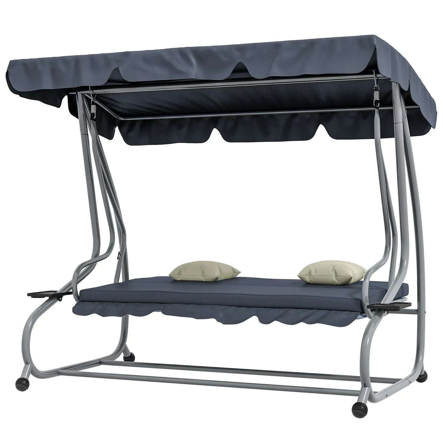 3-Seat Outdoor Swing Canopy Chair, Adjustable Shade, Cushions, Cup Holder, Dark Grey Patio Swings with Stand Dark Grey at Gallery Canada