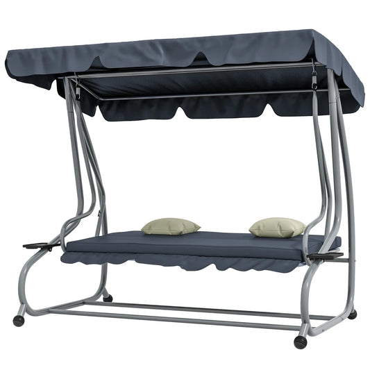 3-Seat Outdoor Swing Canopy Chair, Adjustable Shade, Cushions, Cup Holder, Dark Grey Patio Swings with Stand Dark Grey at Gallery Canada