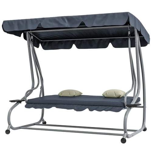 3-Seat Outdoor Swing Canopy Chair, Adjustable Shade, Cushions, Cup Holder, Dark Grey