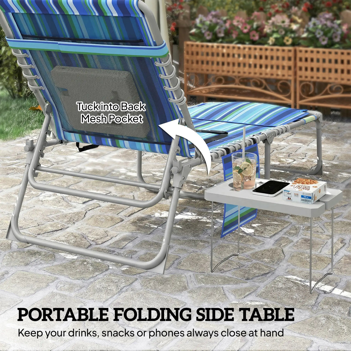 Folding Outdoor Lounge Chair, With Face Hole And Side Table, Blue Stripe Lounger Chairs at Gallery Canada