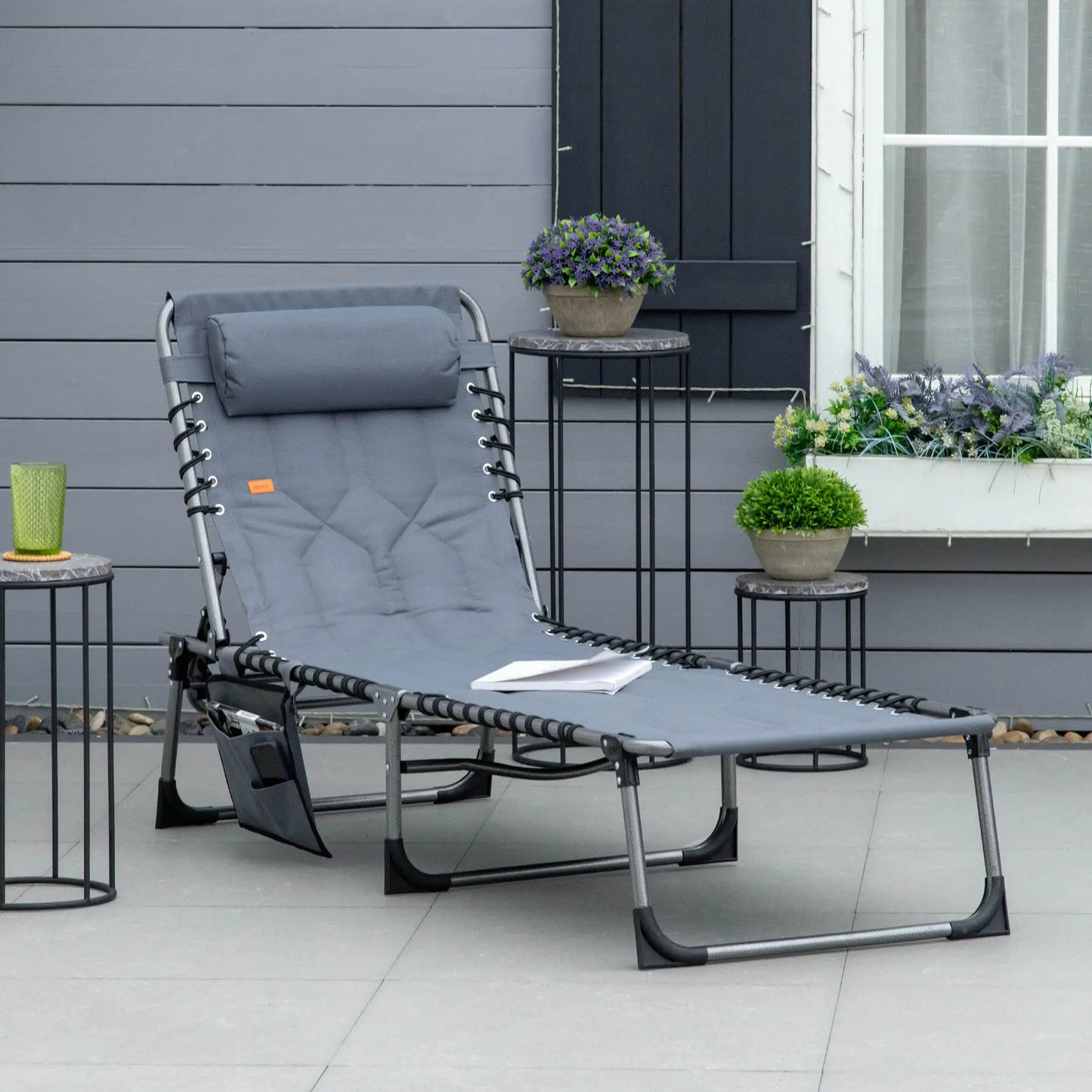 Outdoor Lounge Chair, Folding Chaise, Adjustable Backrest, Pillow, Pocket, Grey Lounger Chairs at Gallery Canada