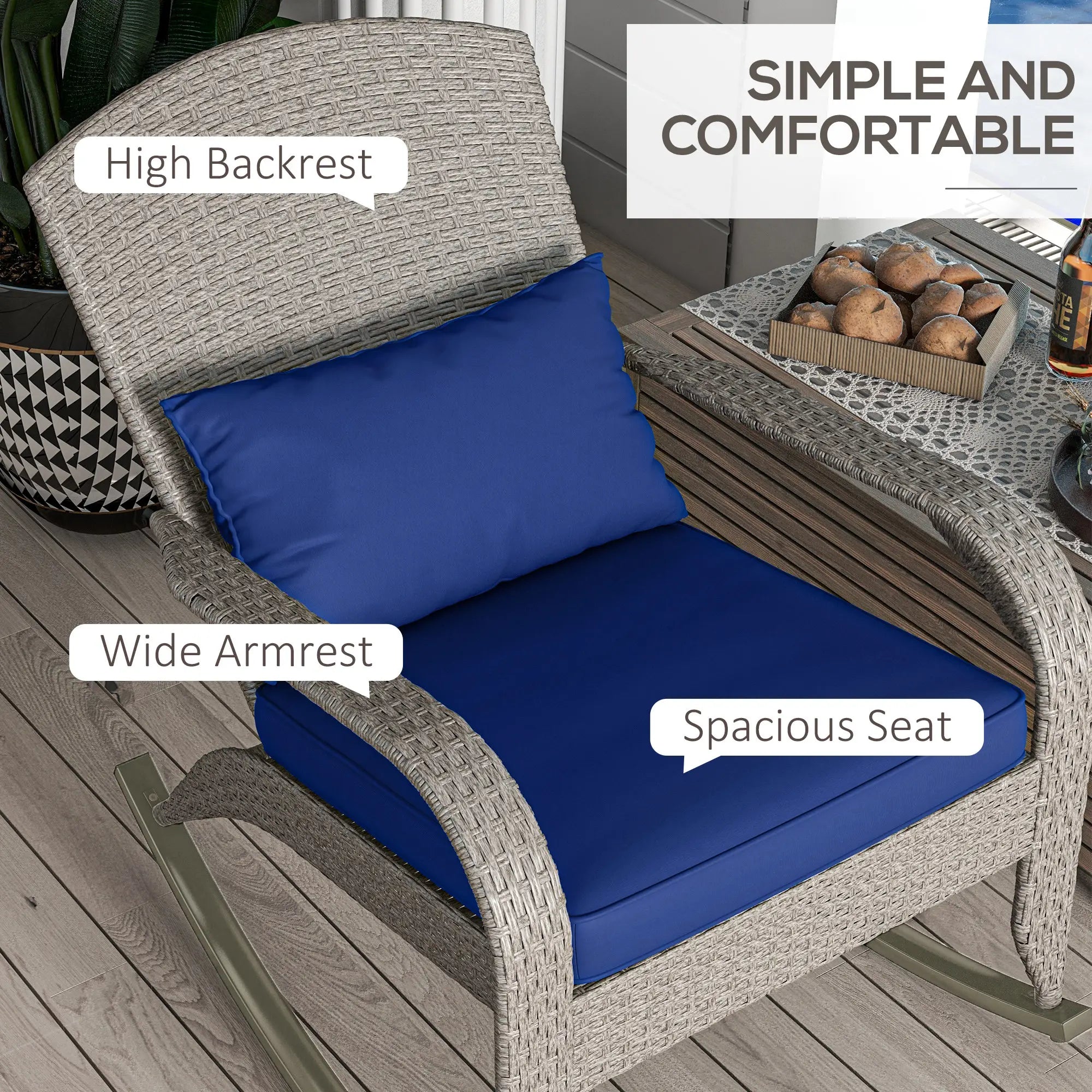 Outdoor Wicker Rocking Chair With Cushion, Dark Blue Patio Chairs at Gallery Canada