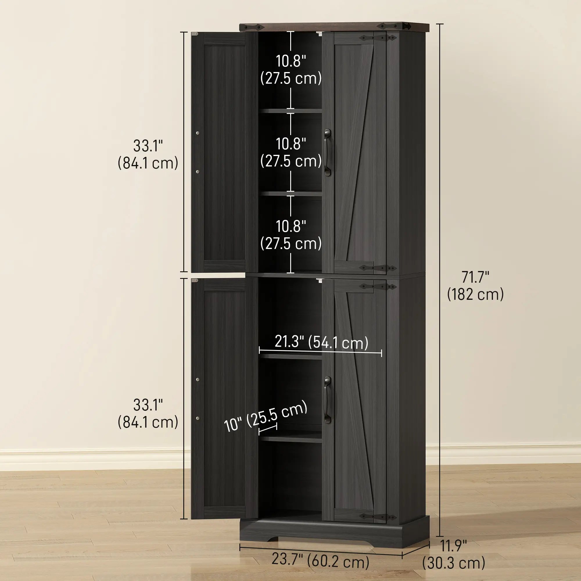 72 Inch Pantry Cabinet, Farmhouse Kitchen Storage with Adjustable Shelves, Black Kitchen Pantry Cabinets at Gallery Canada
