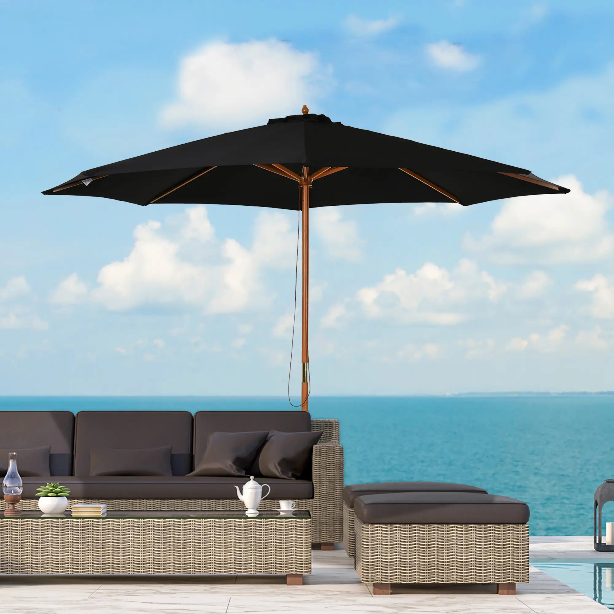 10' x 8' Wooden Patio Umbrella, Outdoor Sunshade Canopy, Black Sun Umbrellas at Gallery Canada