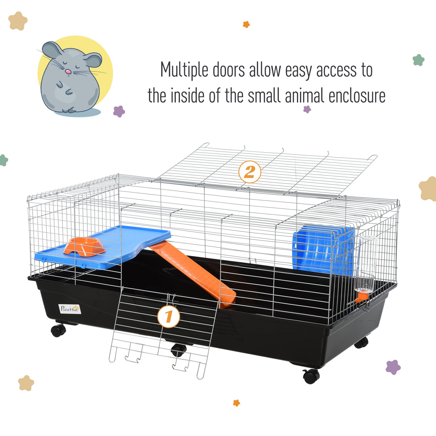 47" Small Animal Cage, Rolling Guinea Pig Cage with Food Dish, Water Bottle, Hay Feeder, Platform, Ramp, Black at Gallery Canada
