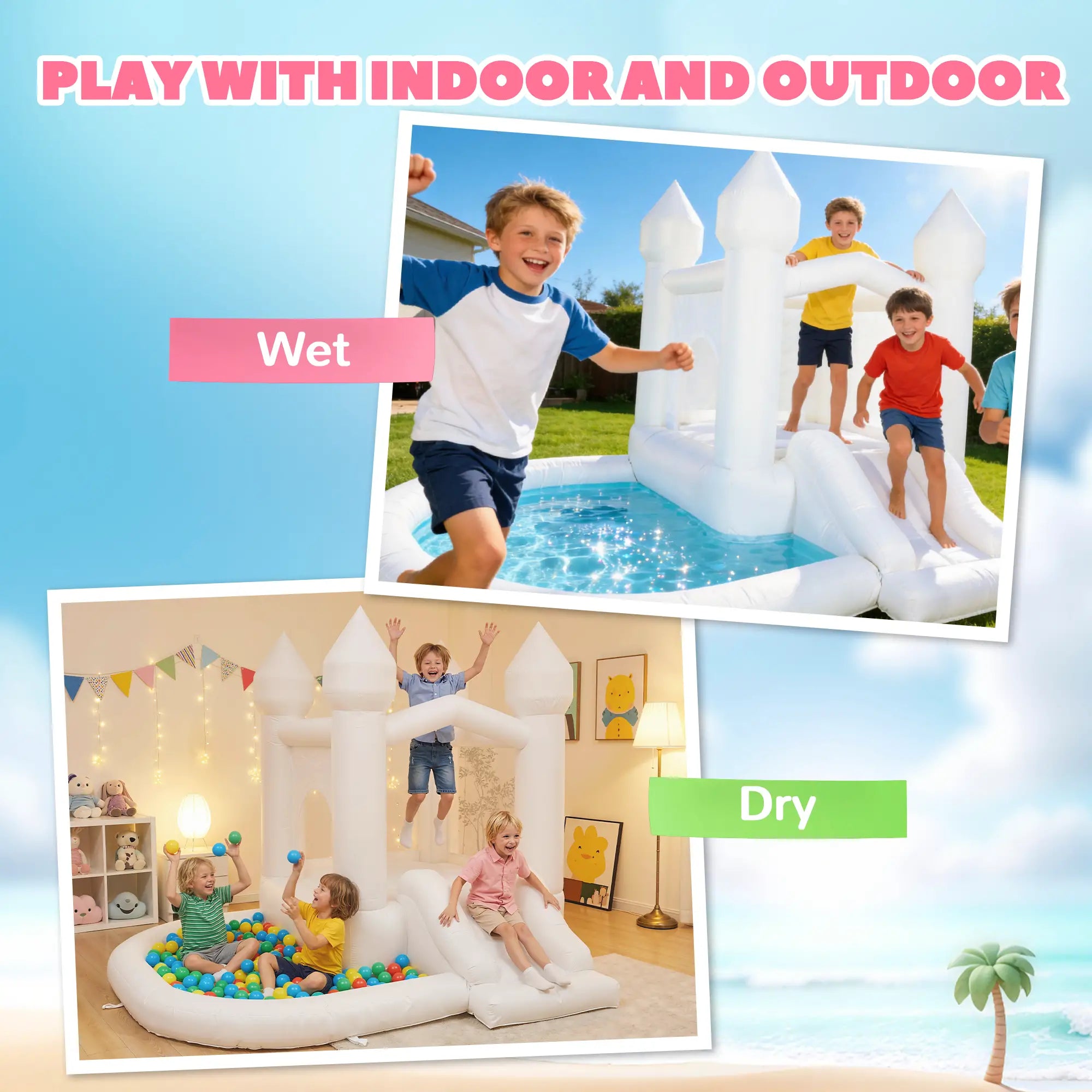 Inflatable Bouncy Castle, 3-in-1 Bounce House with Slide, Ball Pit, 370W Blower, White Inflatables at Gallery Canada