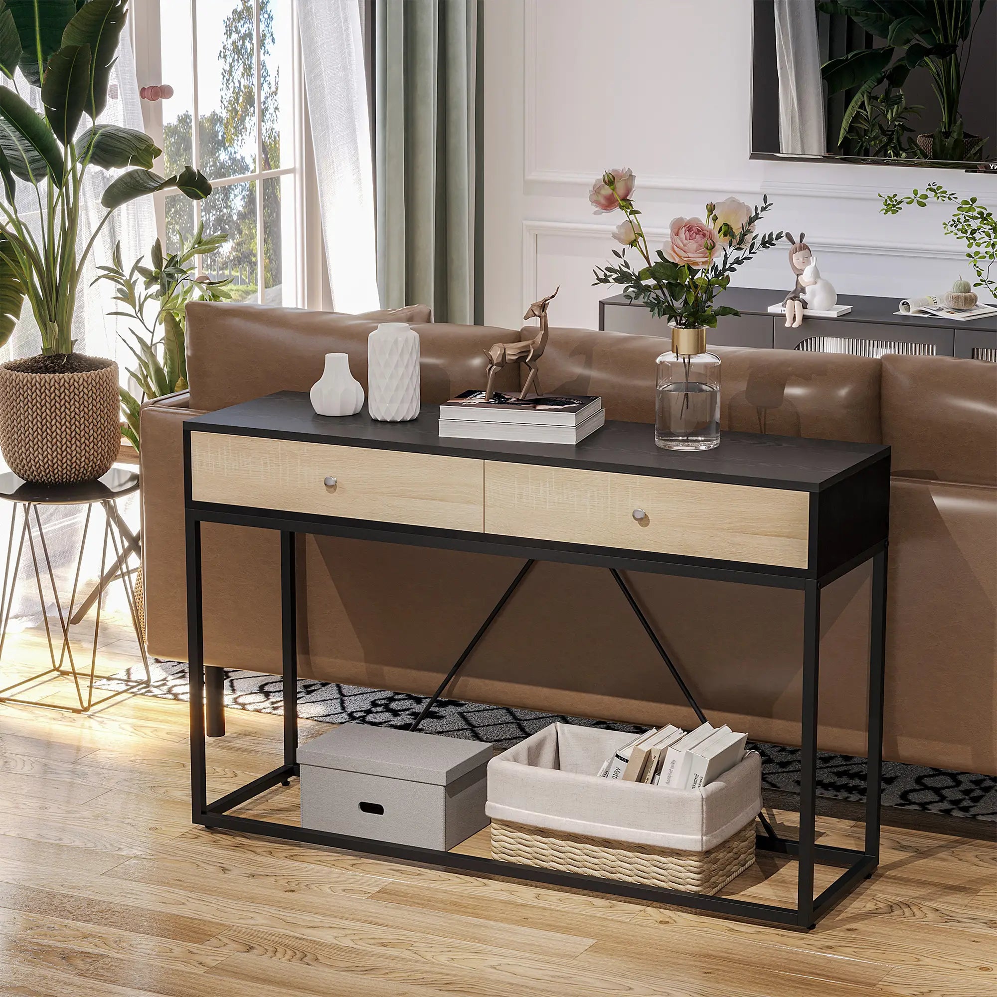 Console Table with 2 Drawers, Steel Frame, Black Console Tables at Gallery Canada
