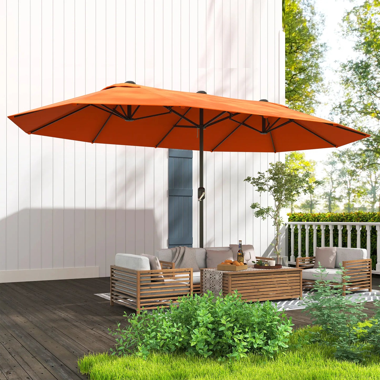 15' Outdoor Patio Umbrella, Twin Canopy Sunshade, Steel Table, Lift Crank, Orange Sun Umbrellas at Gallery Canada