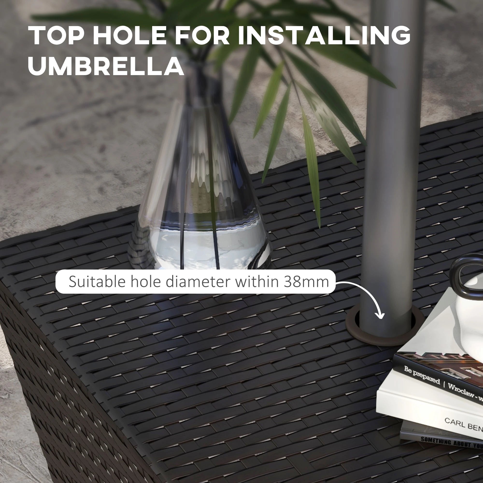 Outdoor Rattan Coffee Table, Garden Side Table w/ Umbrella Hole, Dark Coffee Patio Side Tables at Gallery Canada