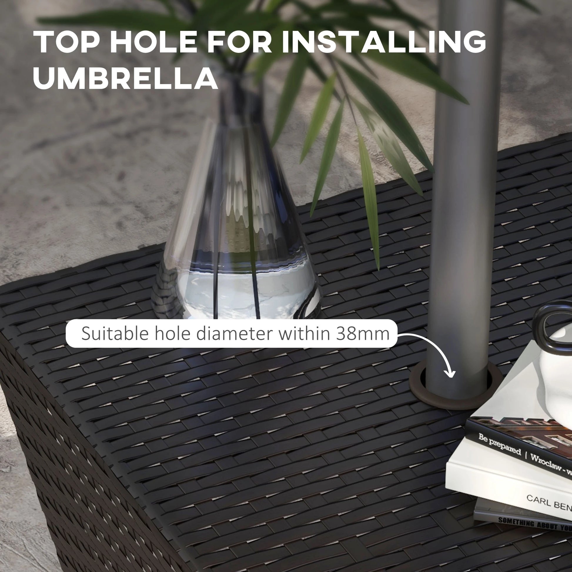 Outdoor Rattan Coffee Table, Garden Side Table w/ Umbrella Hole, Dark Coffee Patio Side Tables at Gallery Canada