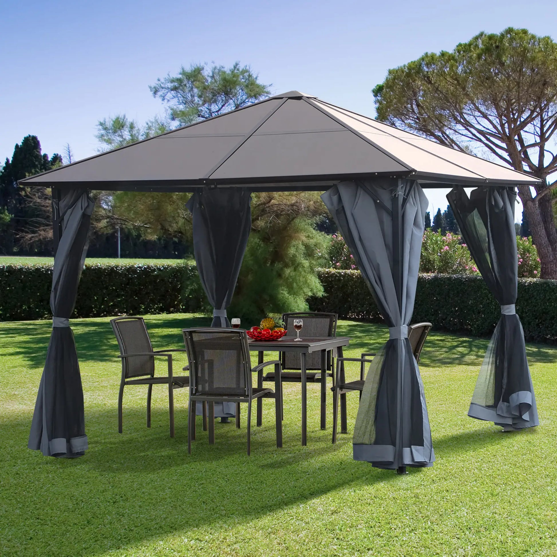 9.8' x 9.8' Aluminum Gazebo, Hardtop Roof, Mesh Curtains, Grey Gazebos at Gallery Canada