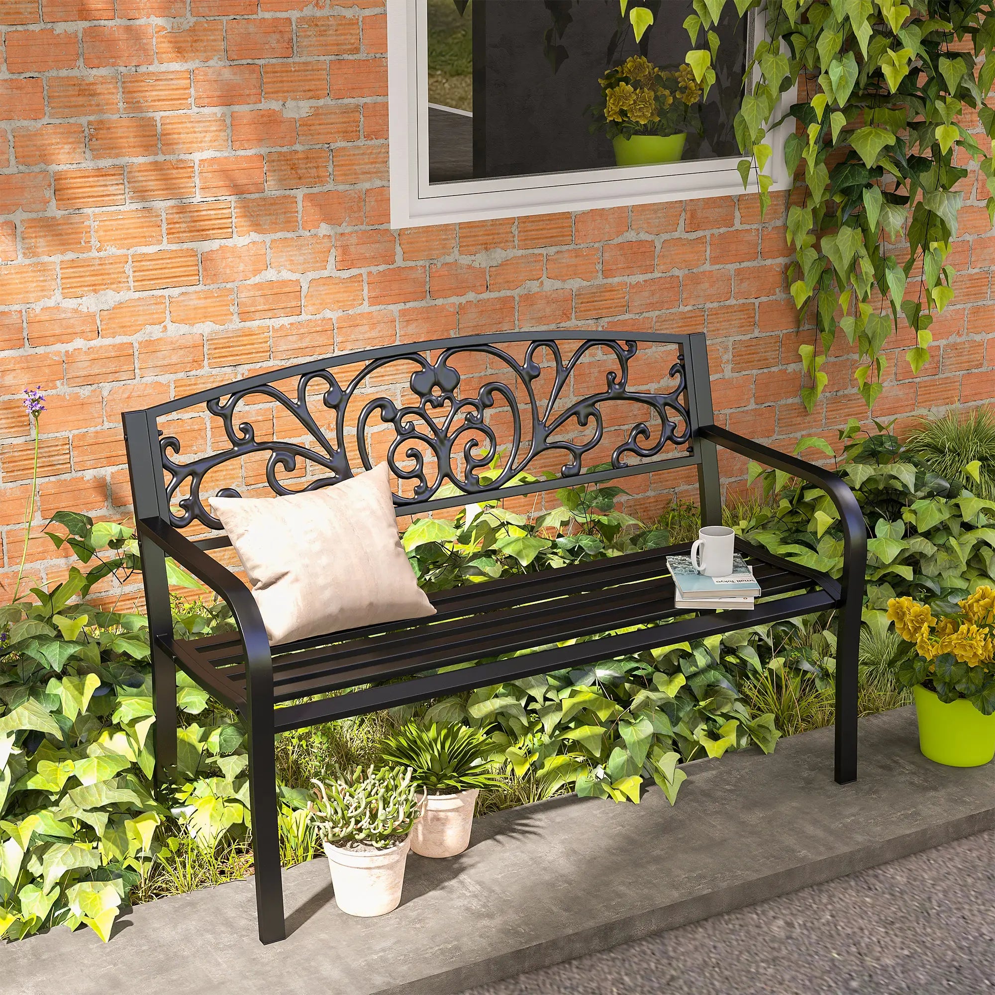 50 2-Seater Garden Bench, Outdoor Blossoming Pattern, Black Outdoor Benches at Gallery Canada