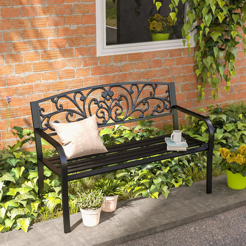 50 2-Seater Garden Bench, Outdoor Blossoming Pattern, Black