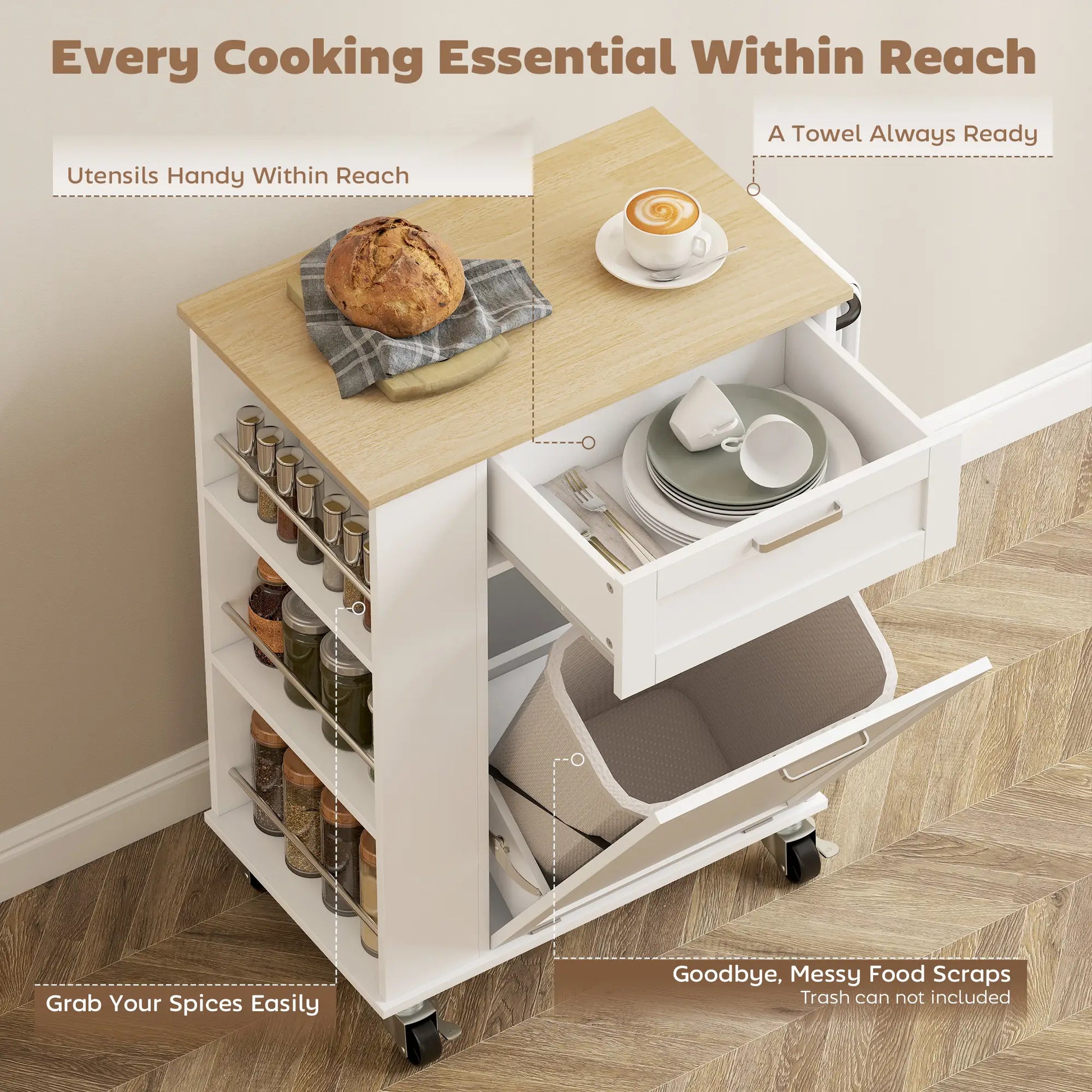 Rolling Kitchen Island with Trash Can Storage, Spice Rack, Drawer, White Kitchen Islands & Kitchen Carts at Gallery Canada