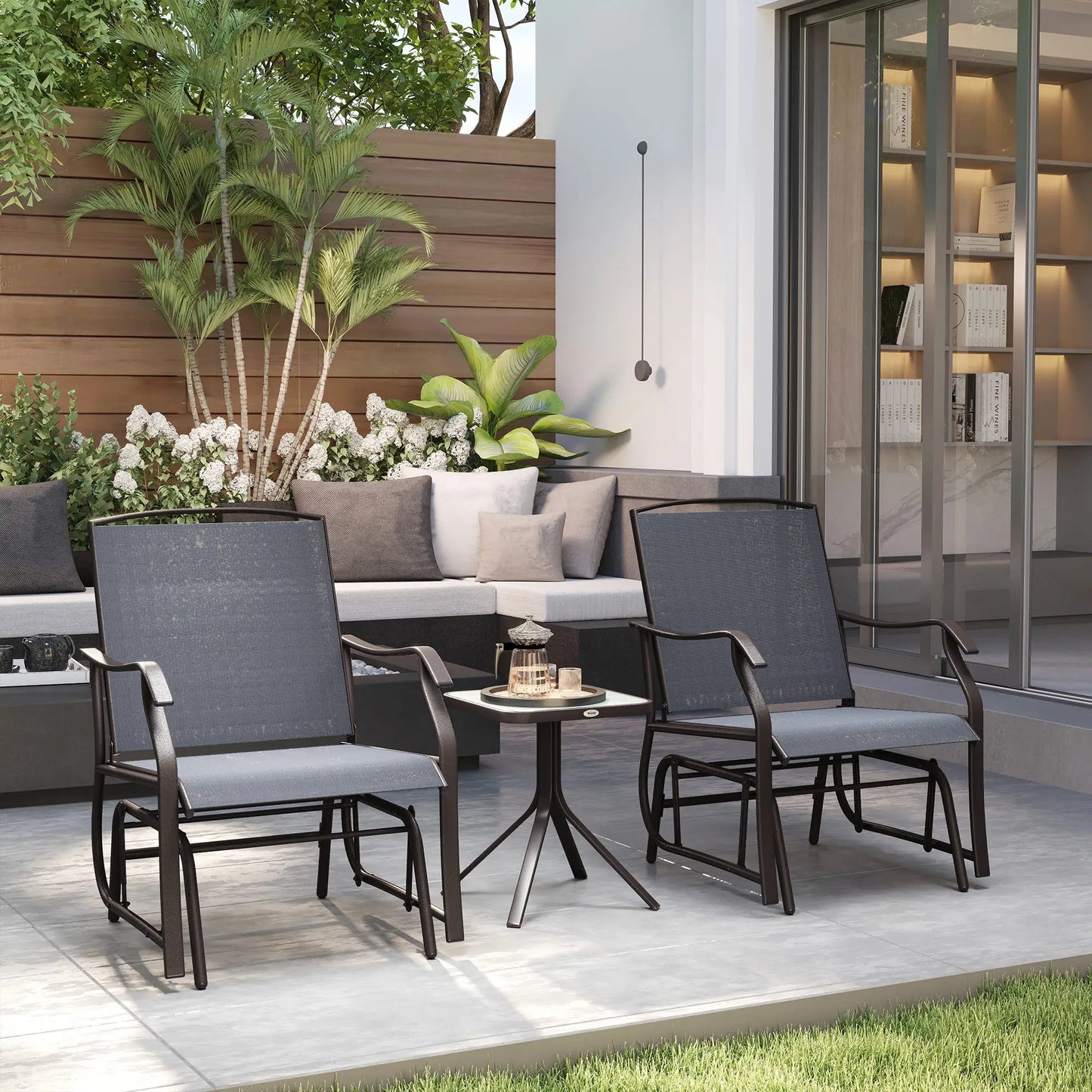 3 Piece Patio Glider Set, Breathable Mesh Seat, Glass Top Table, Grey Outdoor Gliders at Gallery Canada