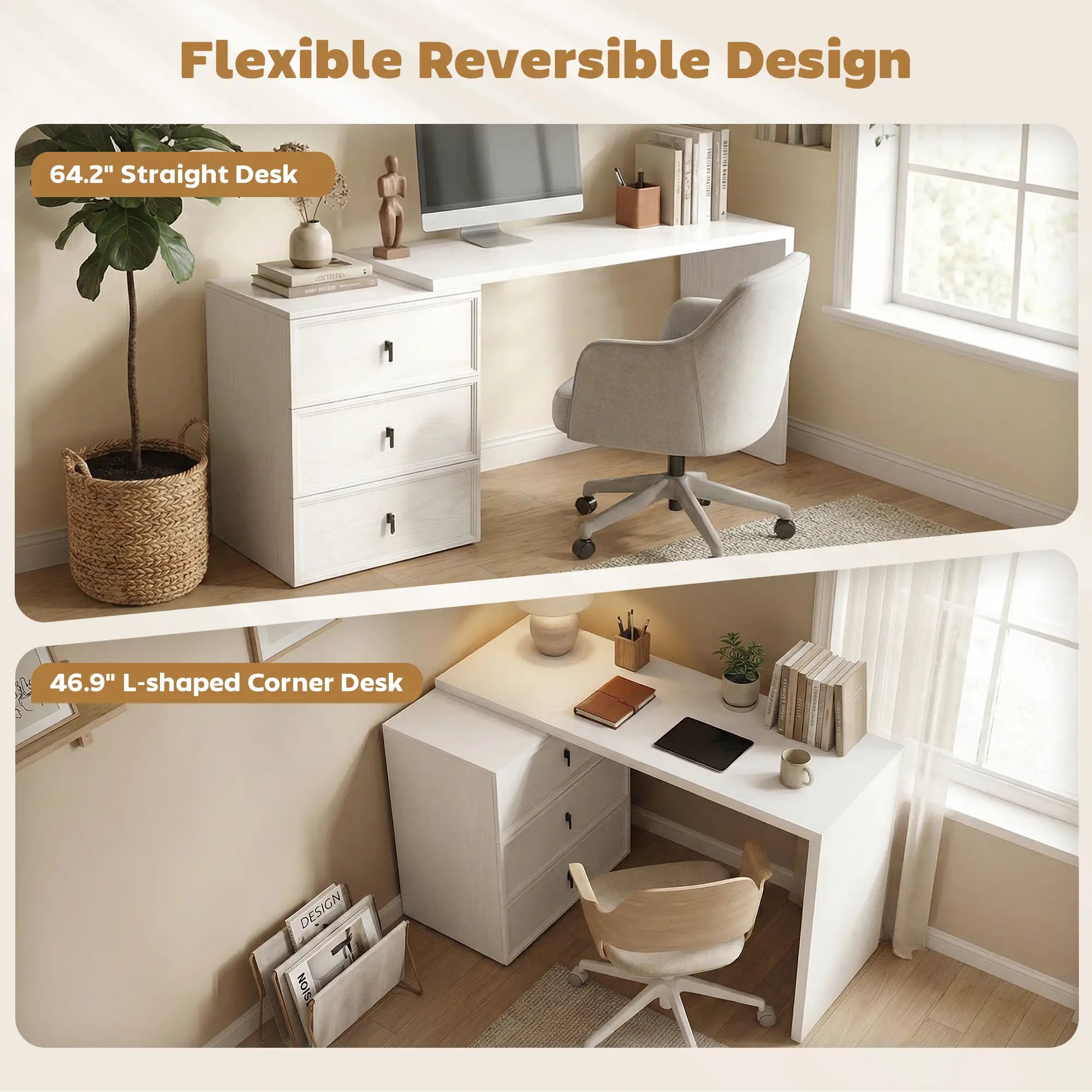 L Shaped Computer Desk, 3 Drawers, White Wood Grain, White Computer Desks at Gallery Canada