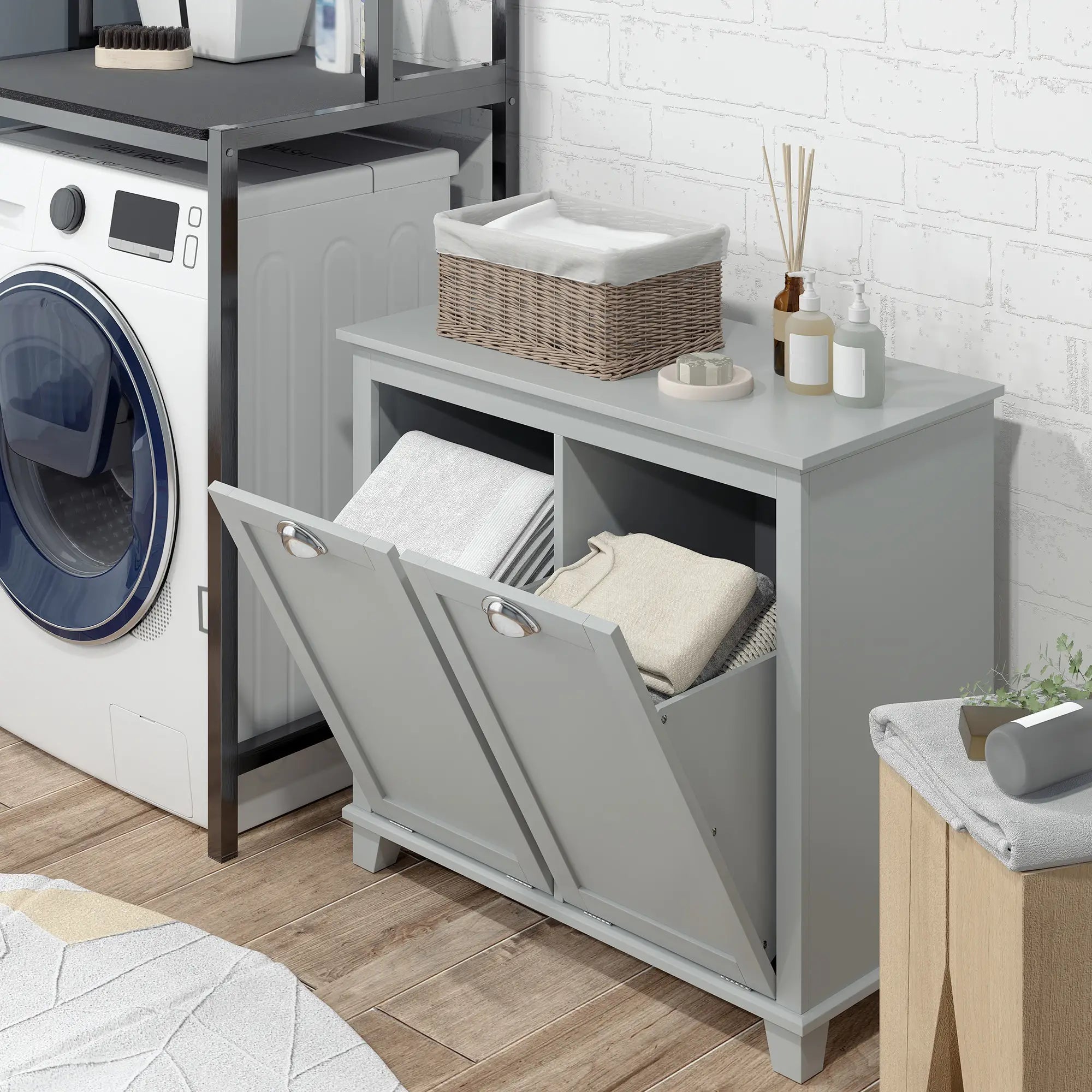 Tilt-Out Laundry Cabinet, Bathroom Organizer, Two-Compartment Hamper, Grey Bathroom Cabinets at Gallery Canada