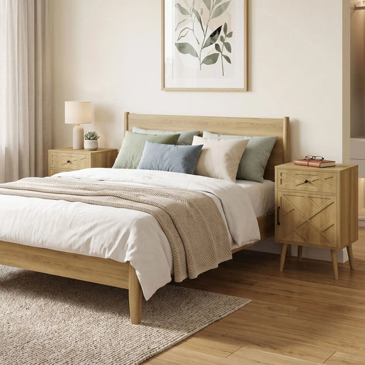 Nightstand Set Of 2, Oak, With Drawer And Cabinet Storage Side Tables Oak at Gallery Canada