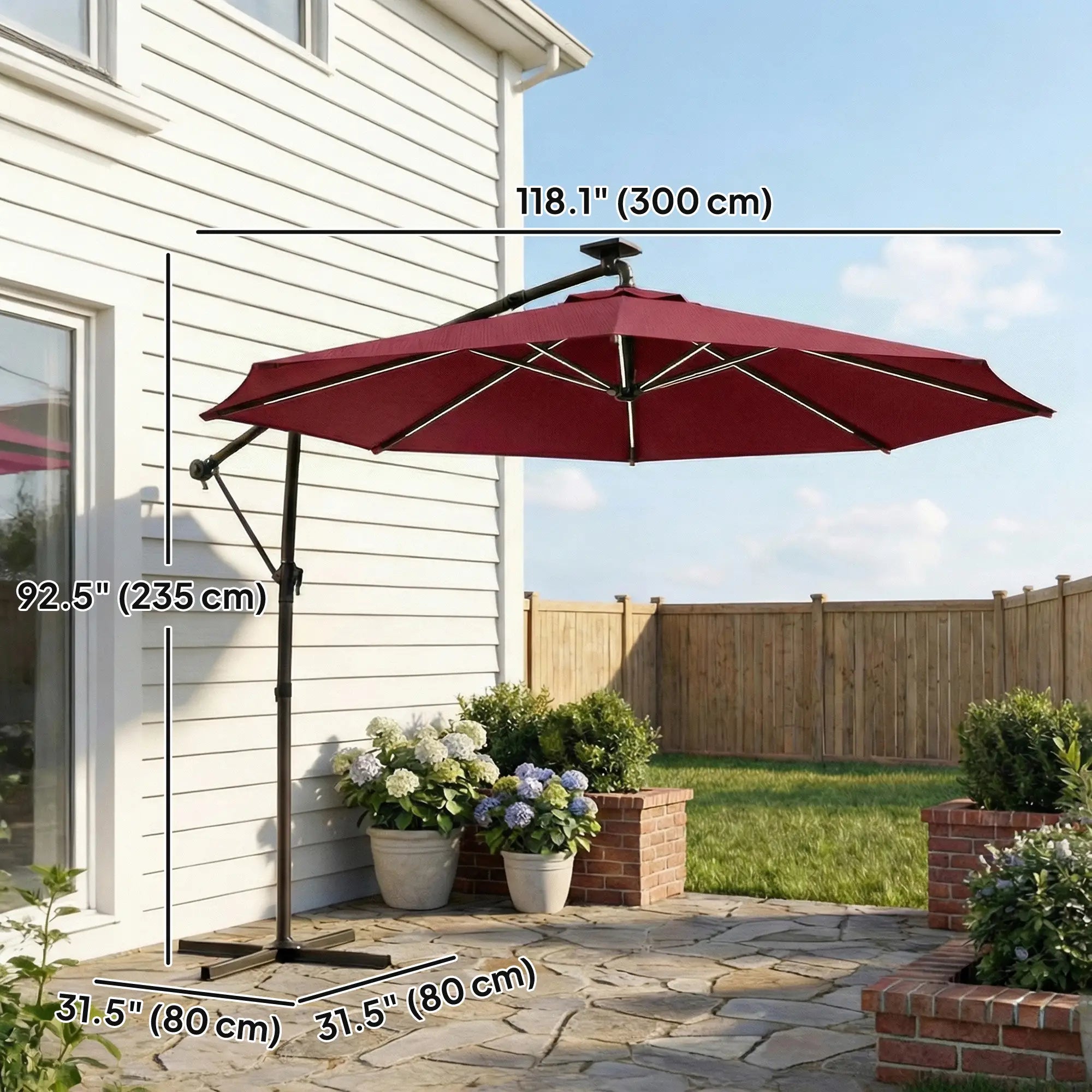 10 ft Offset Patio Umbrella, Solar Light, 360° Rotation, Tilt, Wine Red Offset Cantilever Umbrellas at Gallery Canada