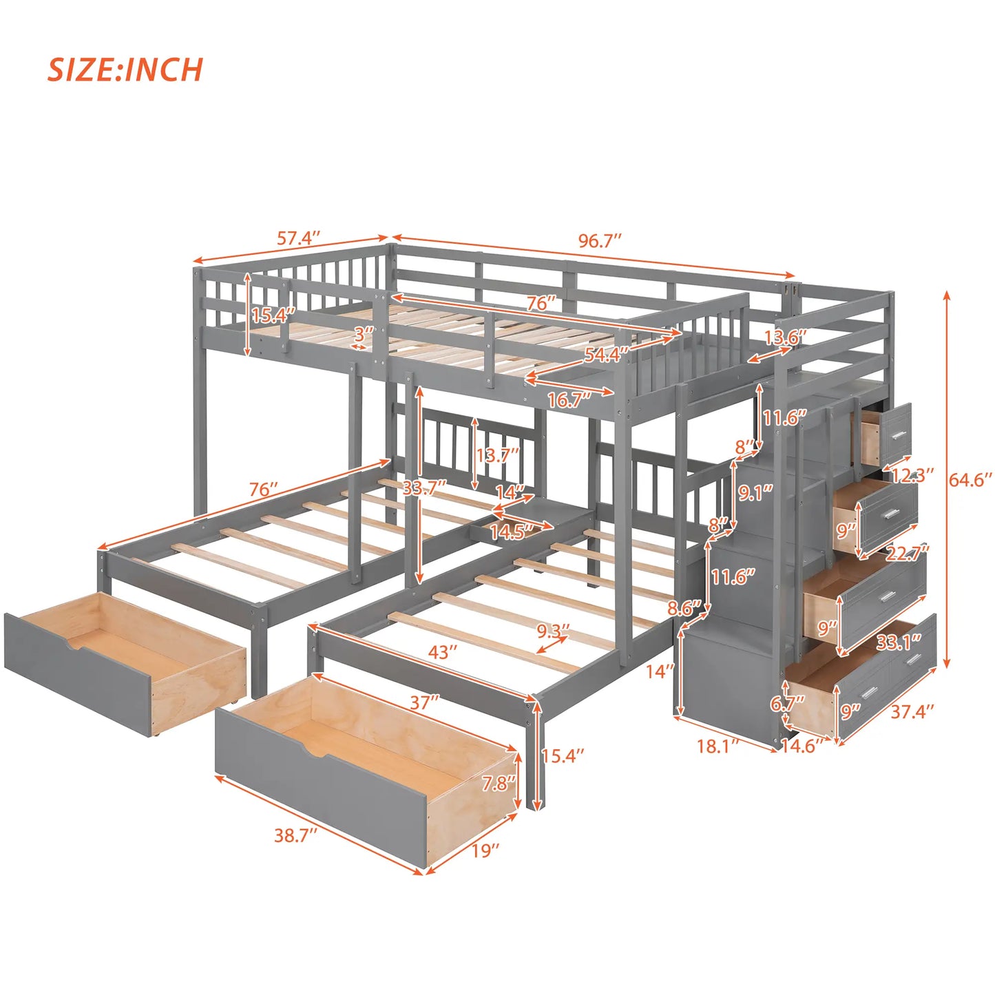 Twin Over Full Bunk Bed with Drawers, Guardrails, Pine Frame, 115" L x 76" W x 64.5" H, Grey Bed Frames at Gallery Canada