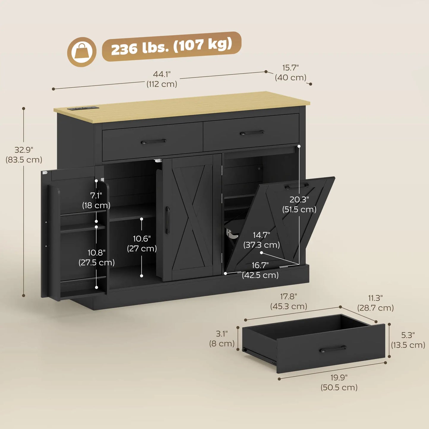 7 Gallon Tilt Out Garbage Cabinet, Kitchen Island With Charging Station, Black Storage Cabinets at Gallery Canada