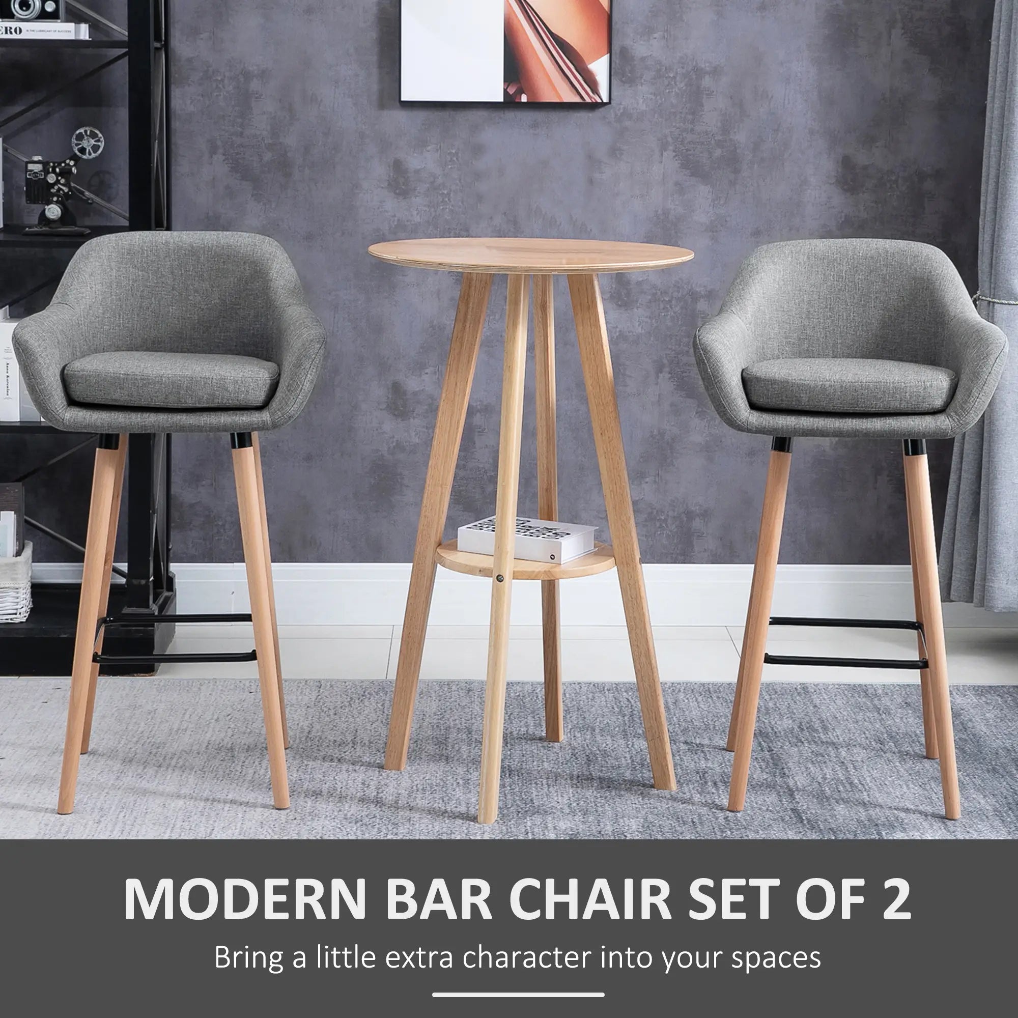 Modern Fabric Bar Stools Set of 2, Metal Frame, Wood Legs, Grey Bar Stools at Gallery Canada