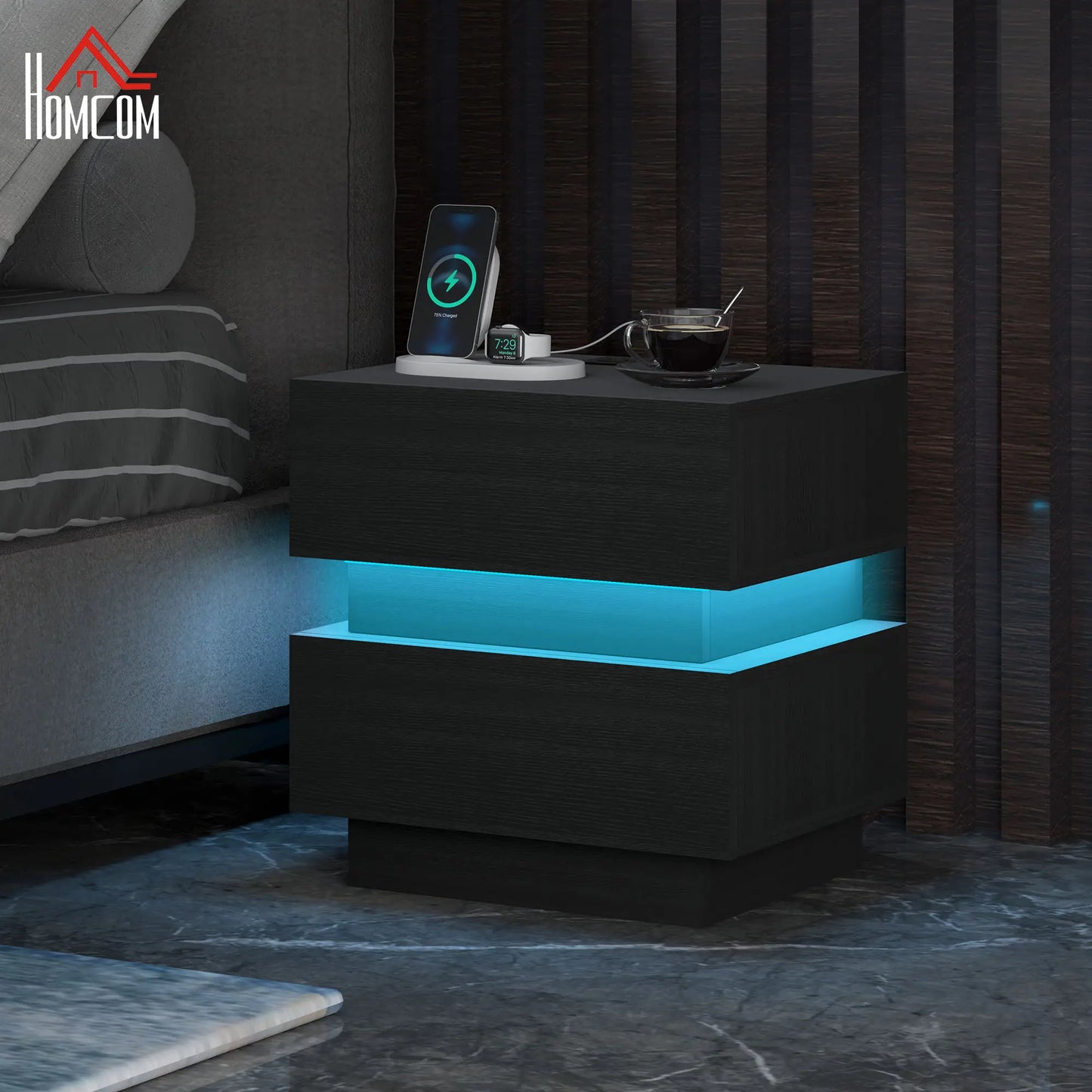Modern Bedside Table with Charging Station, LED Light, USB Ports, Black Bedside Tables at Gallery Canada