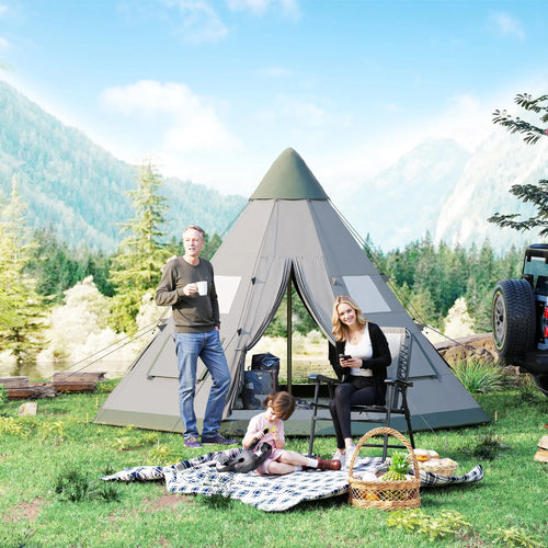 6 Person Family Teepee Tent, Mesh Windows, Floor, Carry Bag, Grey