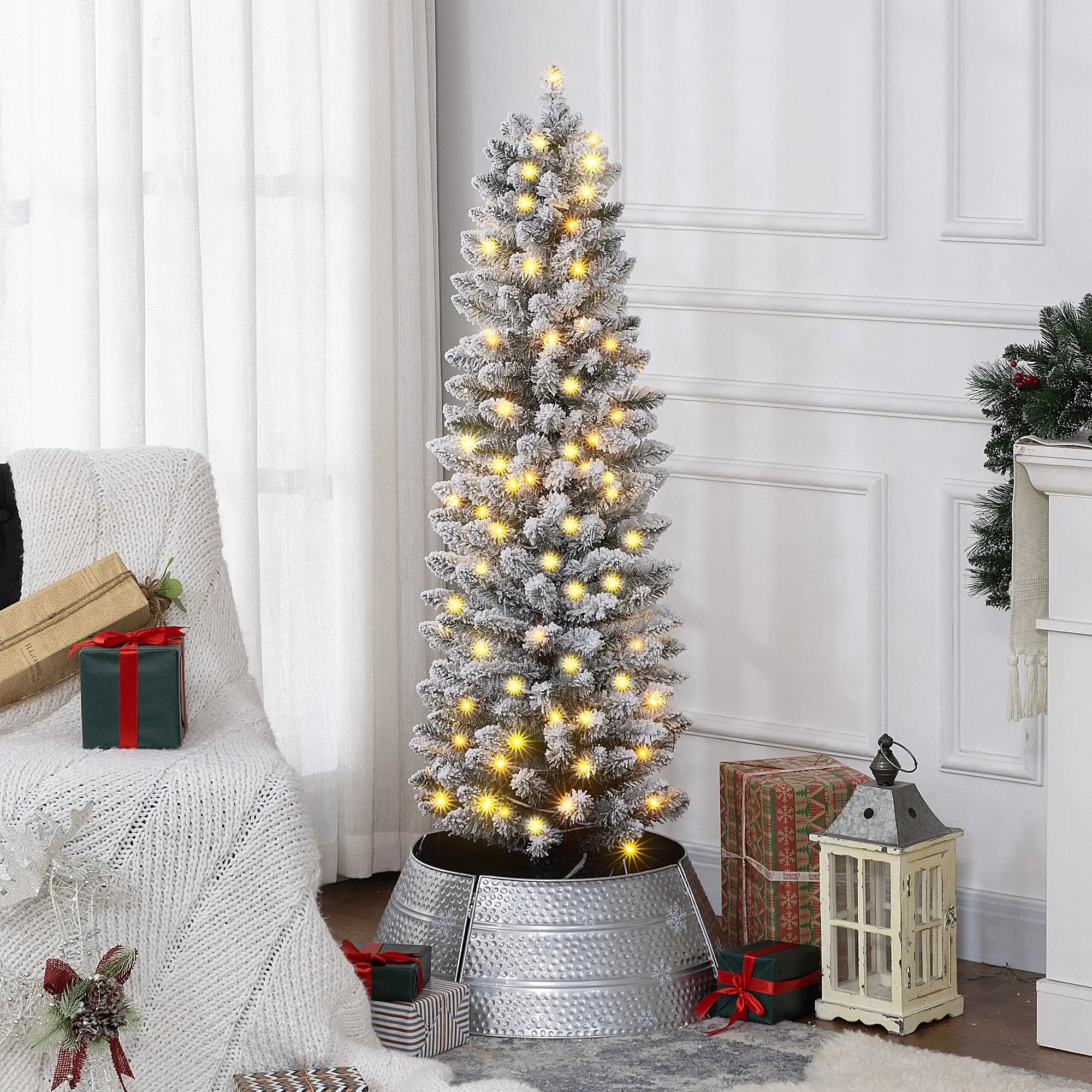 5ft Prelit Snow Flocked Christmas Tree, Metal Base, Warm White LED Pre Lit Christmas Trees at Gallery Canada
