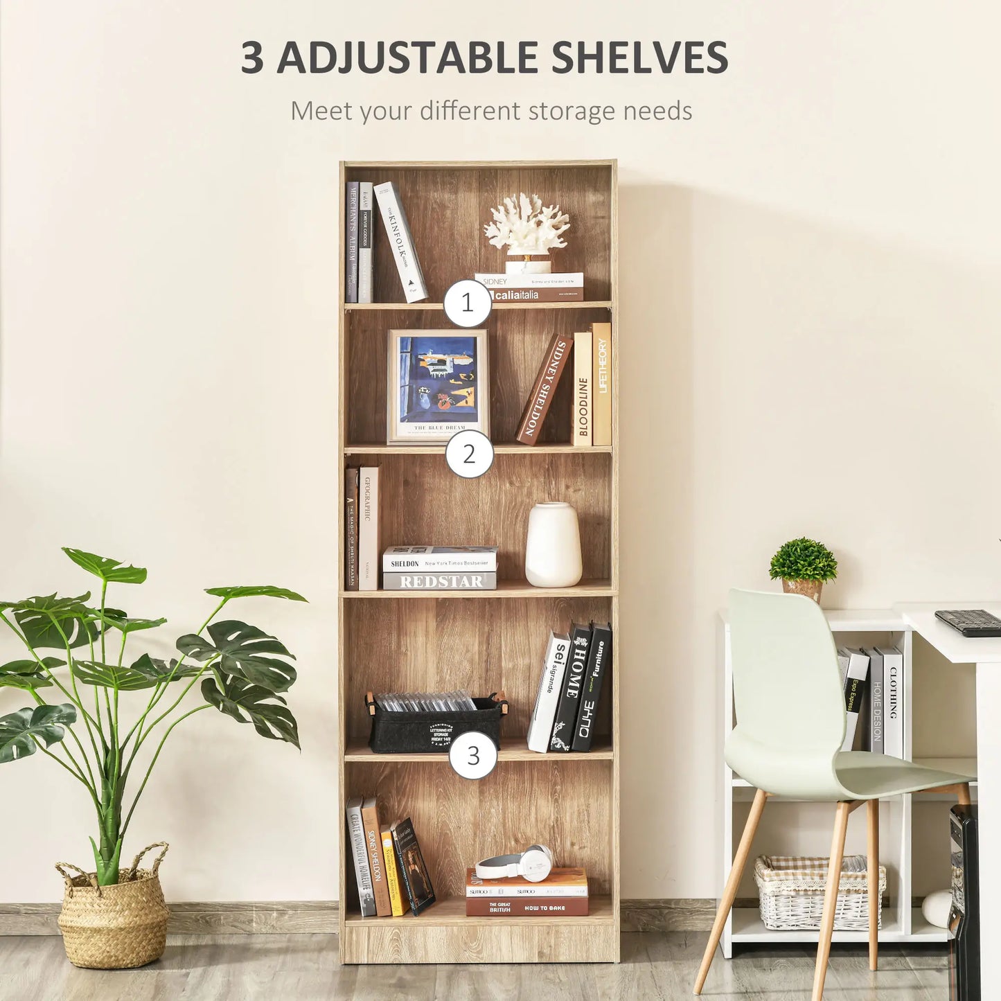 5-Tier Bookcase, Adjustable Shelves, Living Room, Home Office, Nature Wood Display Bookshelves at Gallery Canada